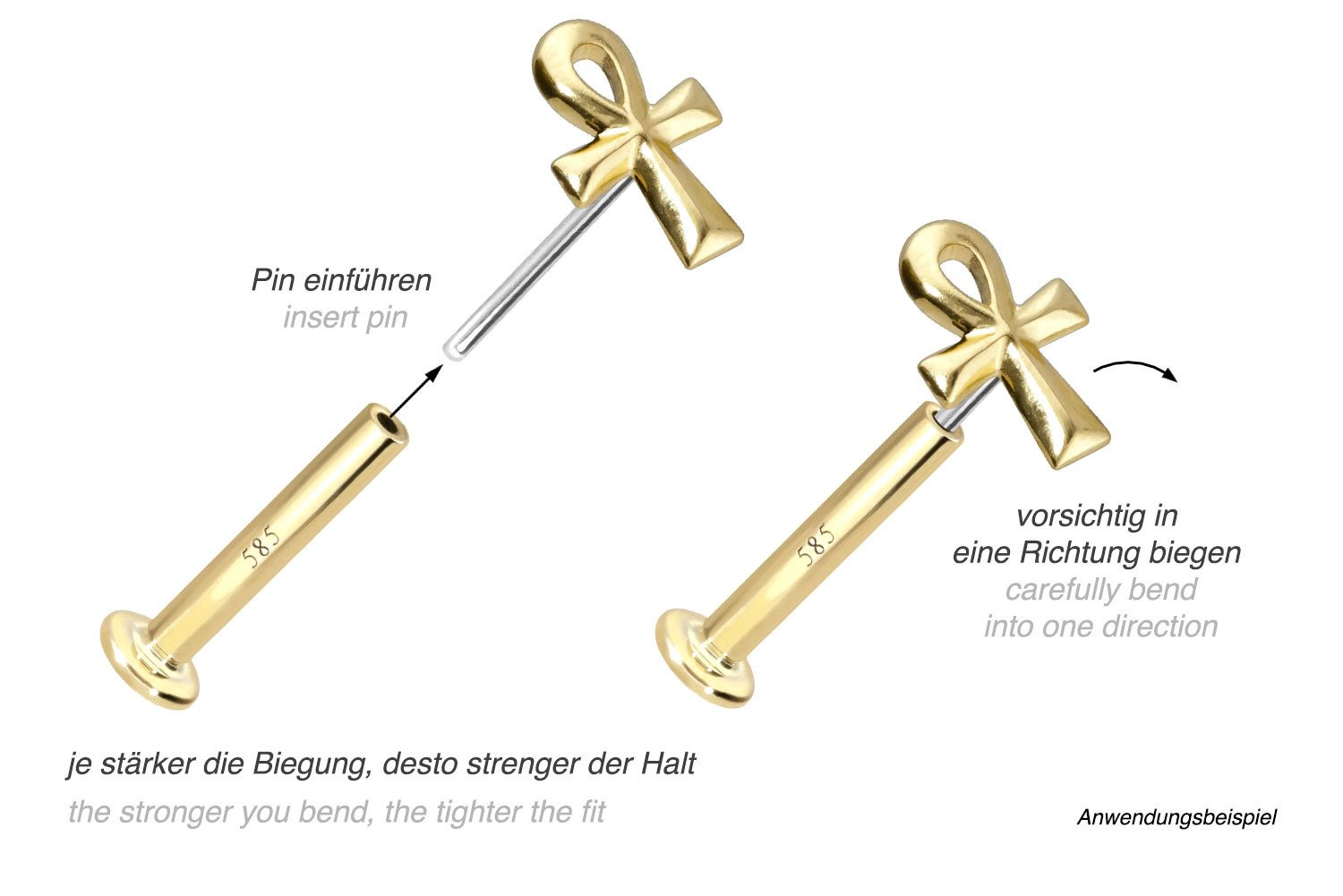 PIERCINGLINE Piercing-Set 14 Karat Gold Labret mit Push Fit ÄGYPTISCHES KREUZ (Labrets, 1-tlg)