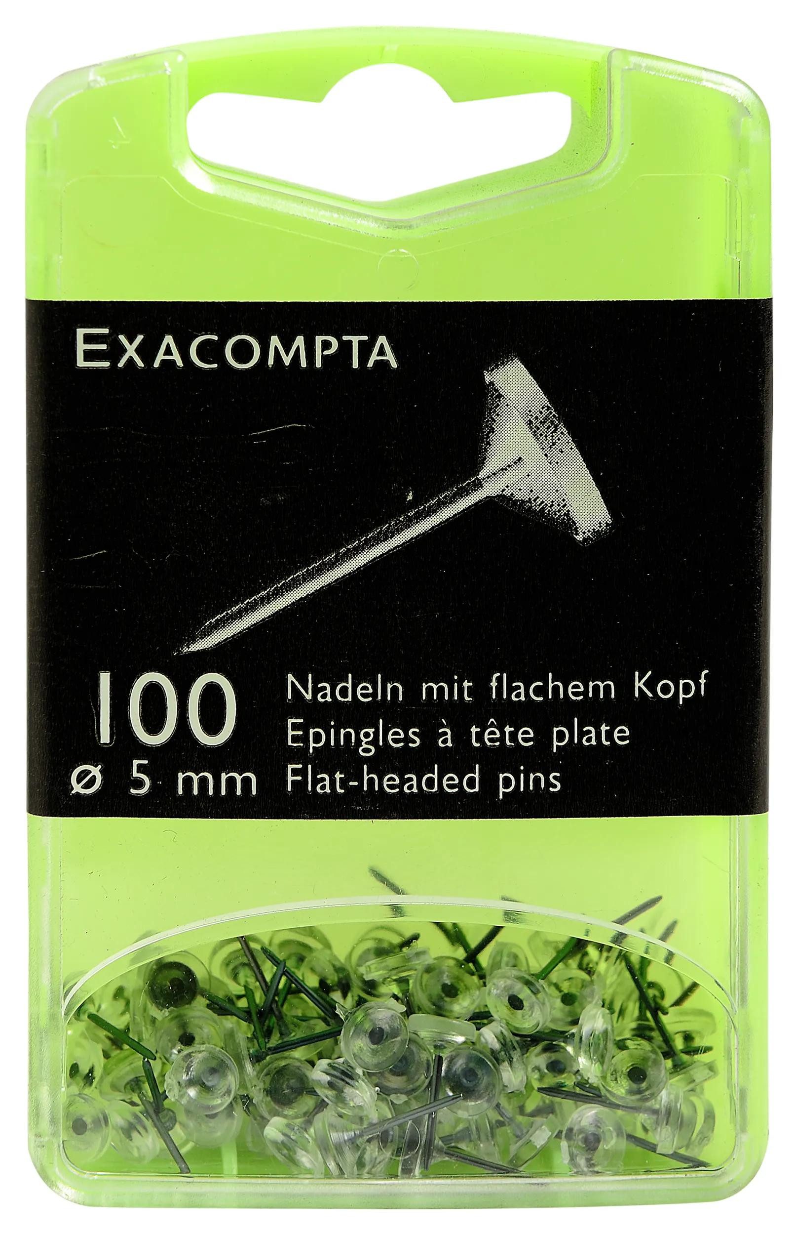 EXACOMPTA Pinnnadel Blisterbox + 100 Stück Flachkopfnadeln Ø5mm Spitze 8mm Kristall 14512E, Signalisation Nadeln