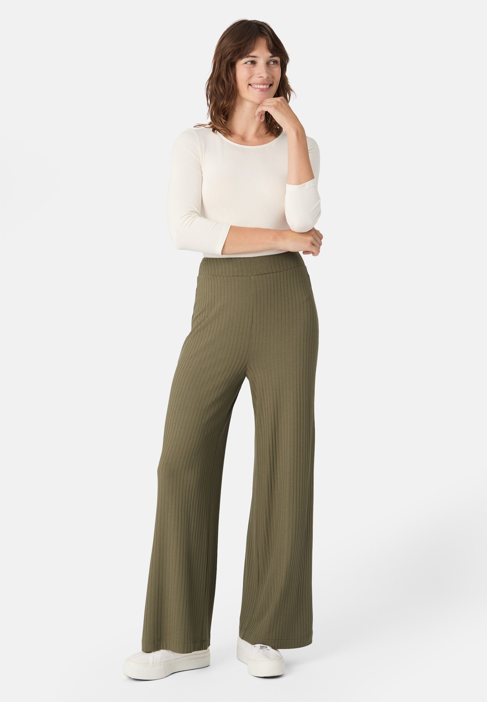 Les Lunes Stoffhose MICHELLE Rib Wide Leg LENZING™ ECOVERO™ Viskose, femininer Chic, gerades weites Bein,bequem