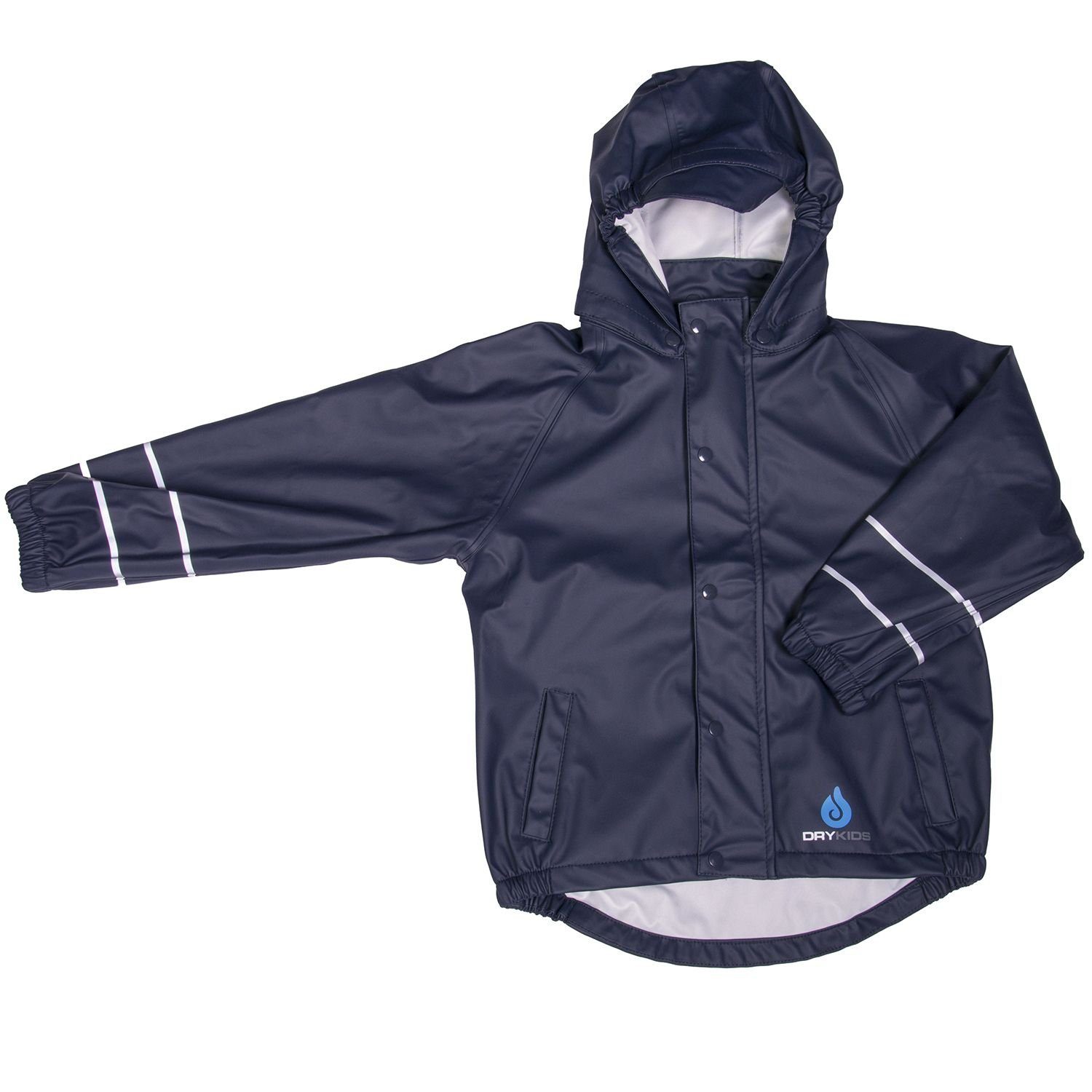 DRY KIDS Regenjacke (1-St) Wasserdichte ungefütterte Jacke für Kinder  verschweißte Nähte Größe 146 - 152 reflektierende Regenbekleidung mit Bund  & Taschen Blau