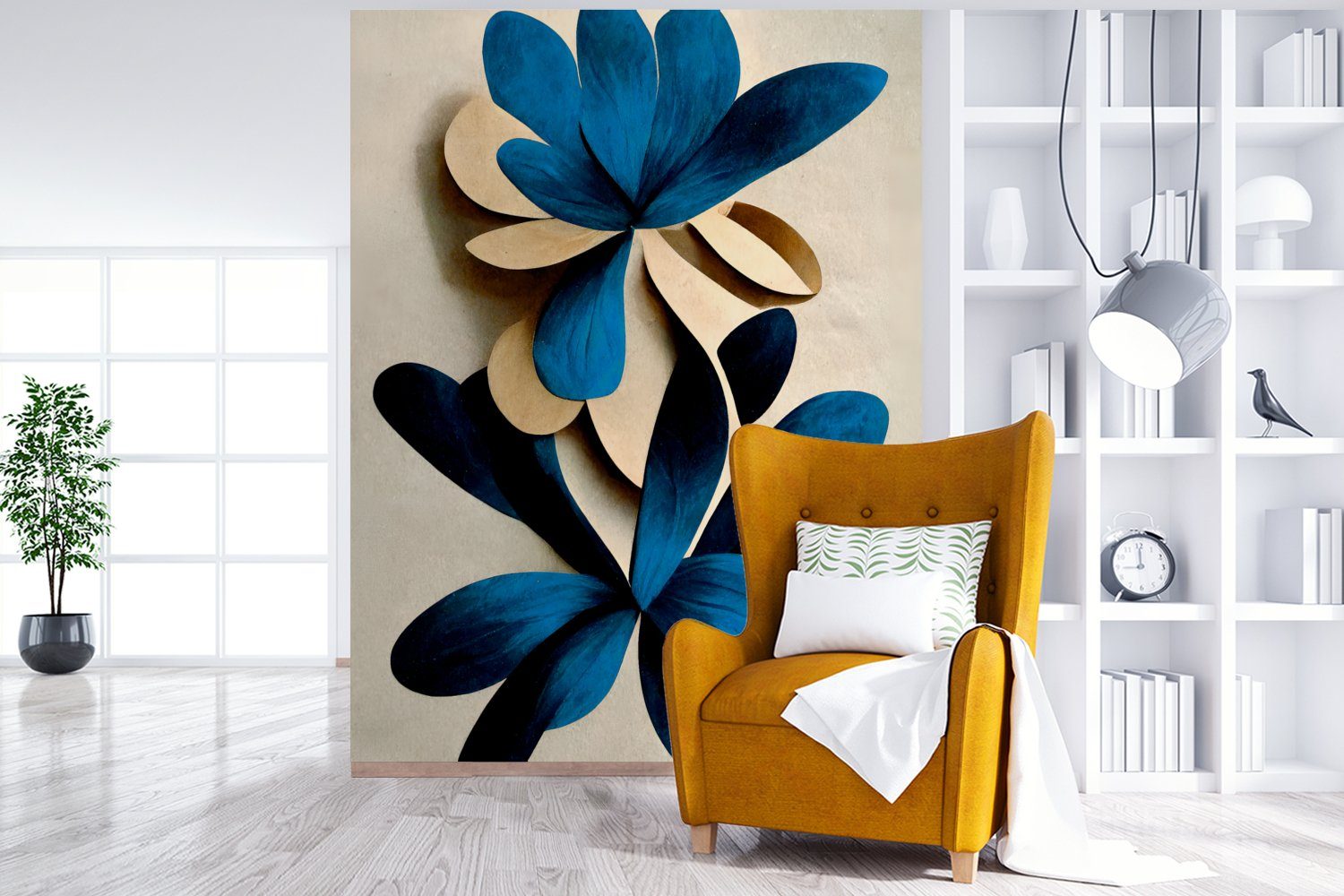 Lilie, - (4 Tapete bedruckt, Wohnzimmer, Fototapete St), Blau MuchoWow Montagefertig Vinyl Wandtapete Pflanzen für Matt, Blätter - -