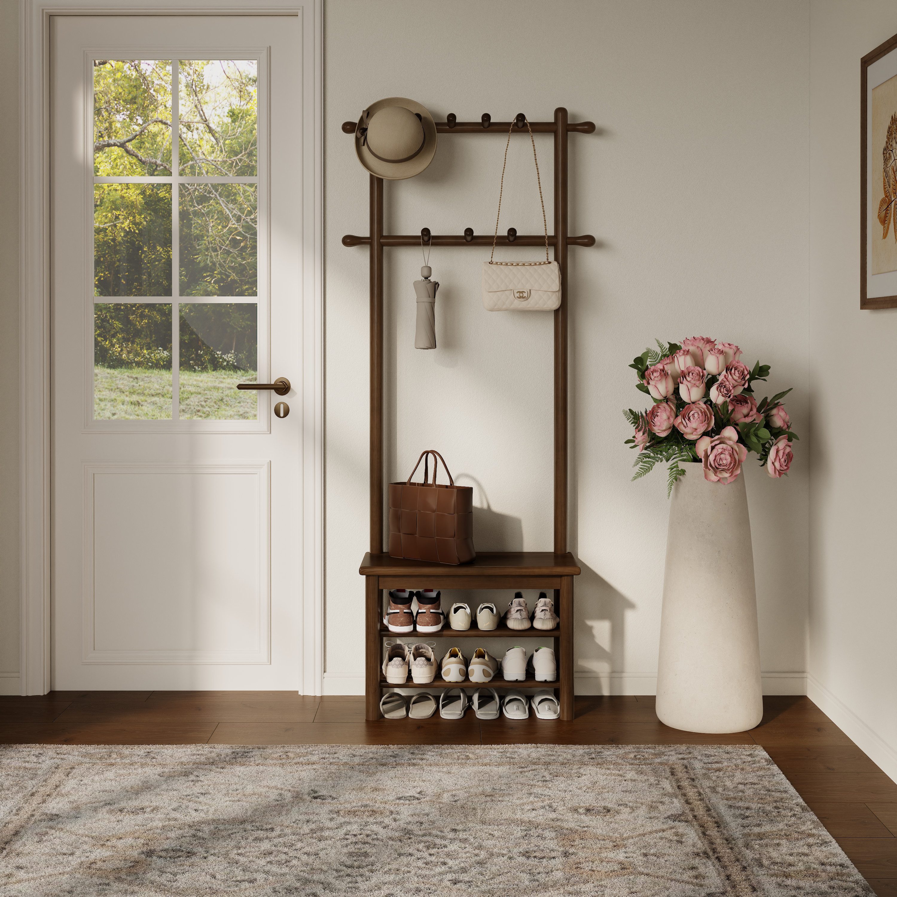 AQIMUELE Schuhbank Garderobe mit Sitzbank, 11 Haken (1-St), 60 cm, Walnussfarben