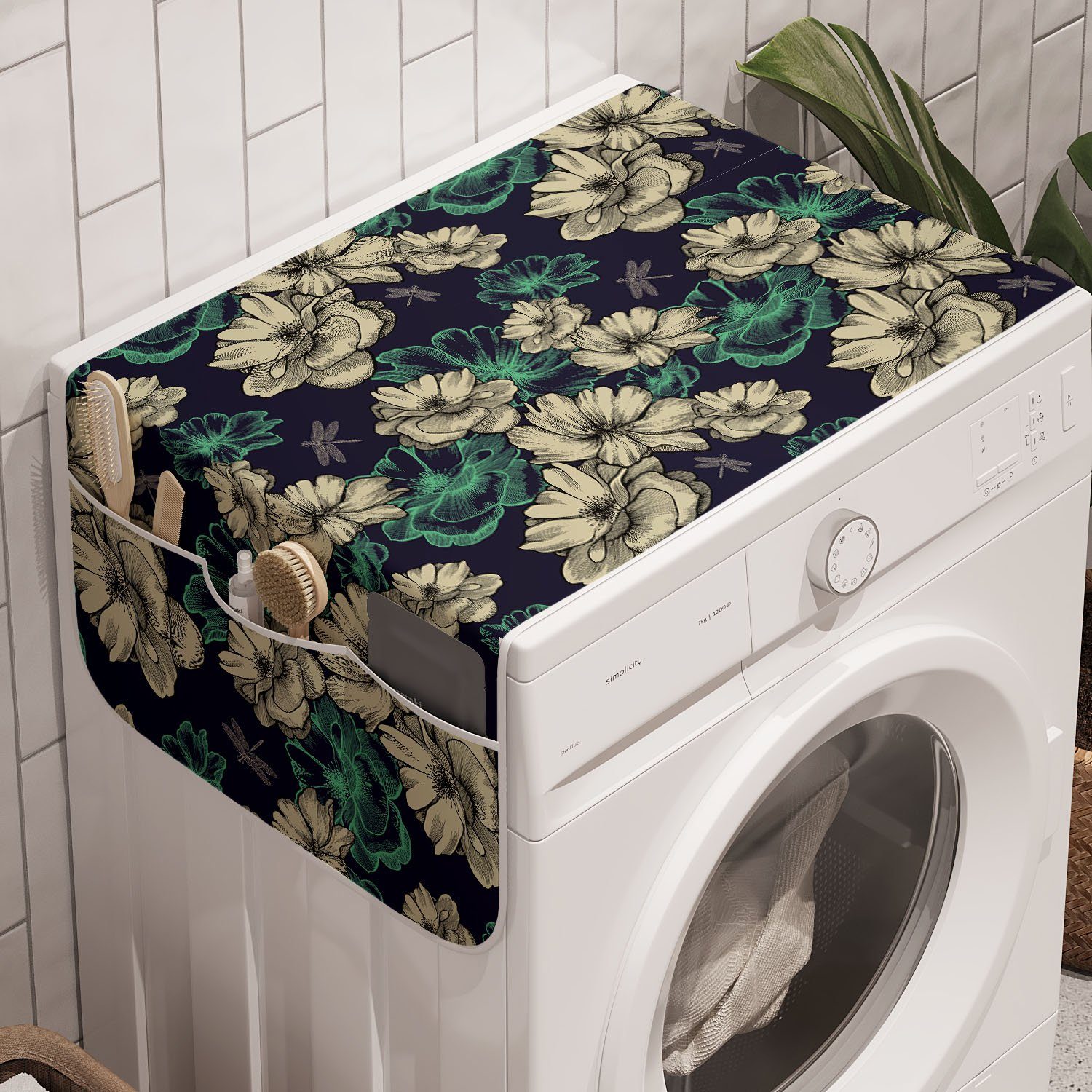Abakuhaus Badorganizer Anti-Rutsch-Stoffabdeckung für Waschmaschine und Trockner, Jahrgang Blüten Libellen