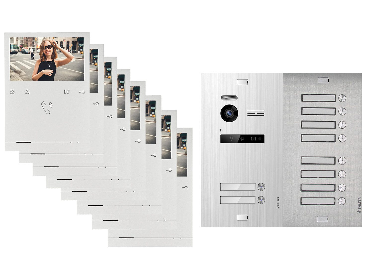 Balter Video-Türsprechanlage BALTER Türsprechanlage EVO QUICK mit 10x 4,3 10-Familienhaus Silber (Set, 10-Familienhaus, Komplettset, Analog 150° Kamera, Farbdisplay-Monitor)