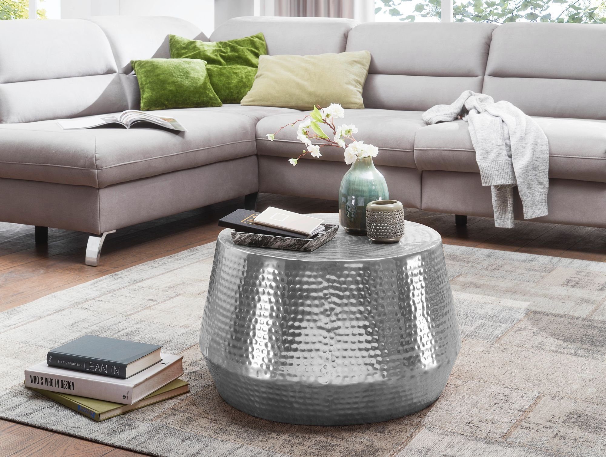 Silber cm FINEBUY Hammerschlag Sofatisch | Aluminium Silber Wohnzimmertisch, Kleiner Orientalisch Couchtisch Rund), SuVa12267_1 Silber (60x36x60