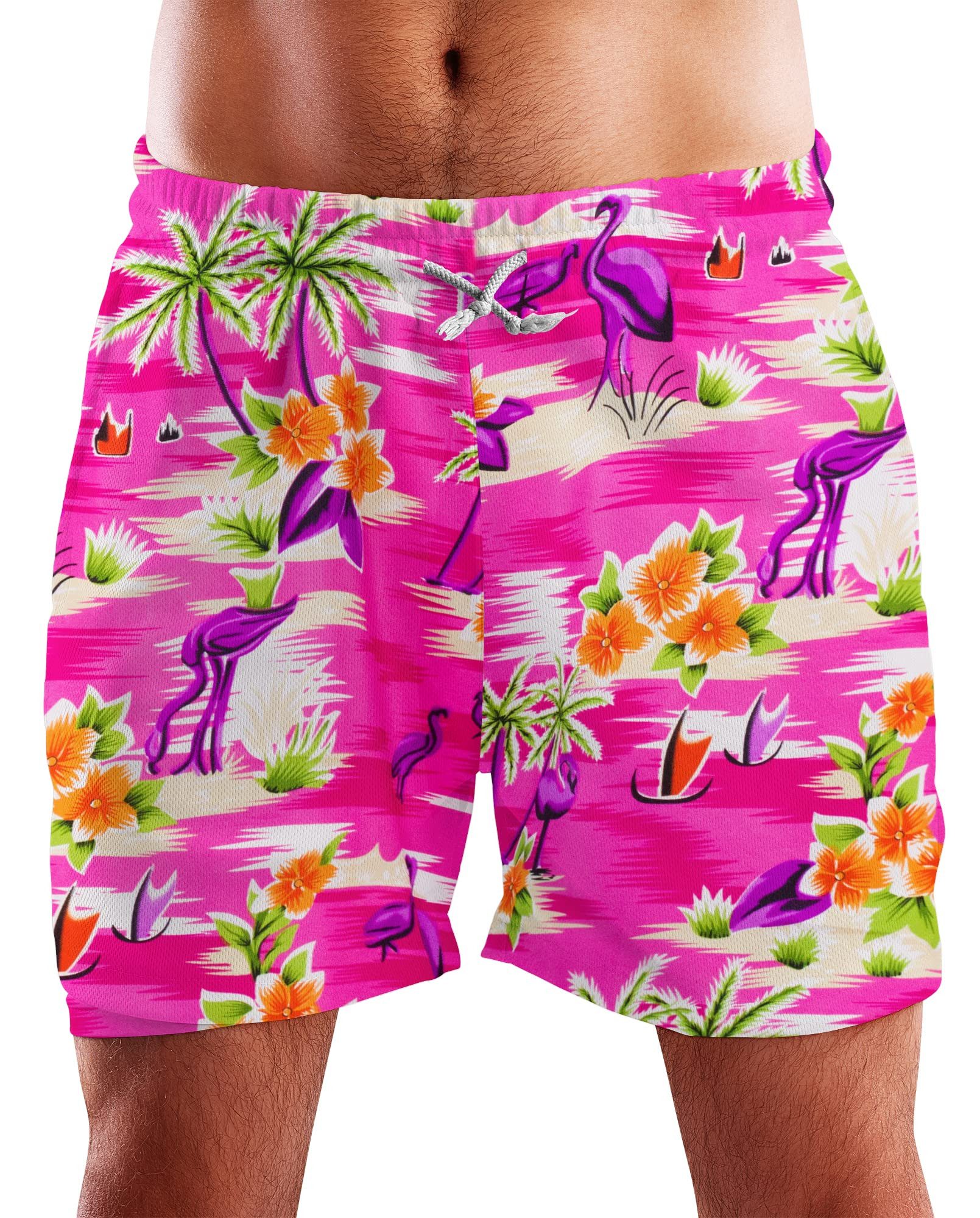 King Kameha Badeshorts Flamingos Funky Hawaii Bade-Shorts Mesh-Einsatz Verschluss Kordelzug Mit integriertem Mesh-Innenslip für extra Komfort