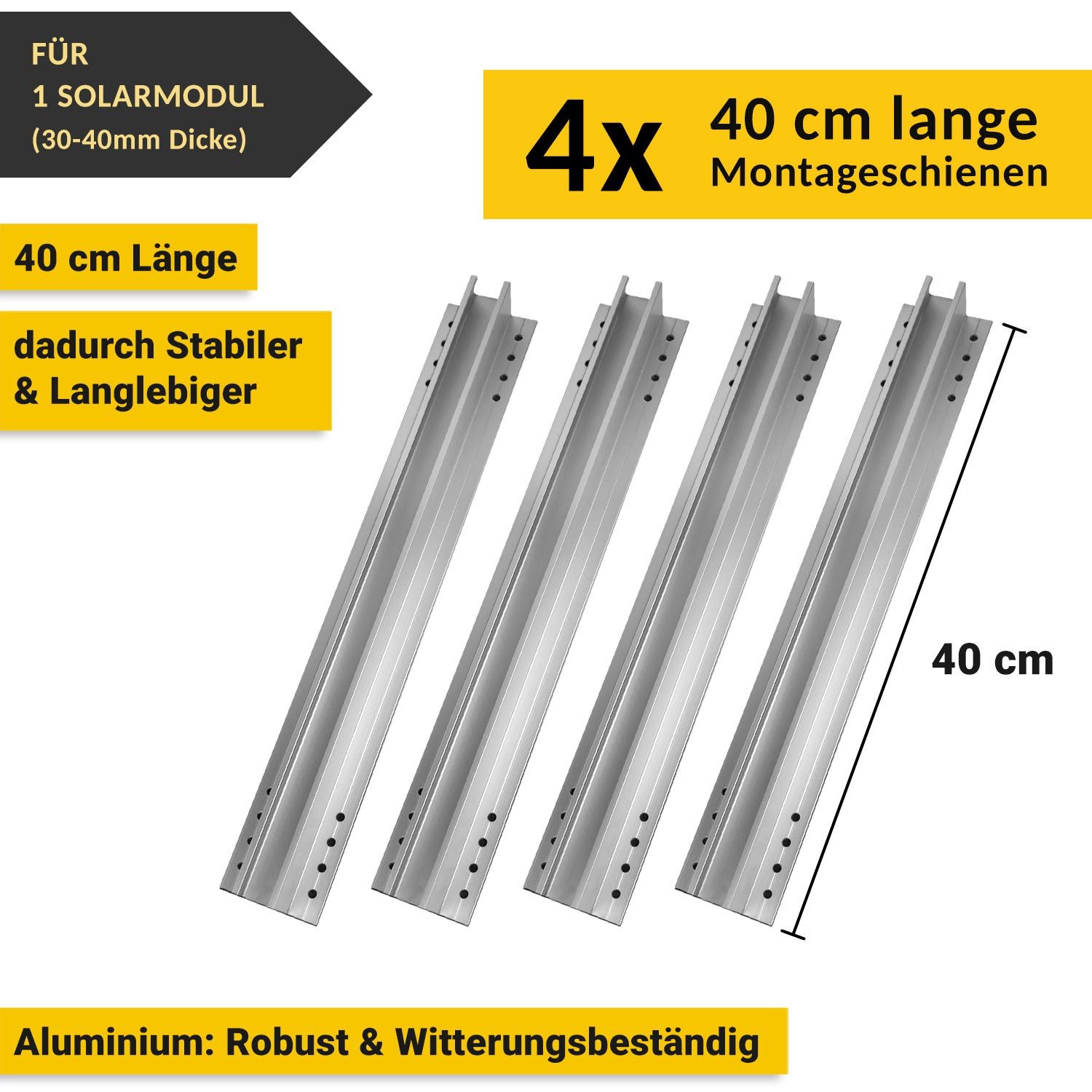 avoltik Solarmodul-Halterung Solar Halterung Montageset Schiene 400mm Flachach für 1-4 Solarmodule, (Solar Halterung Flachdach Montageset mit 400mm Montageschienen inkl. EPDM, Klemmen, Schrauben, Für 1, 2 oder 4 Solarmodule, Wählbar in der Anlagengröße)