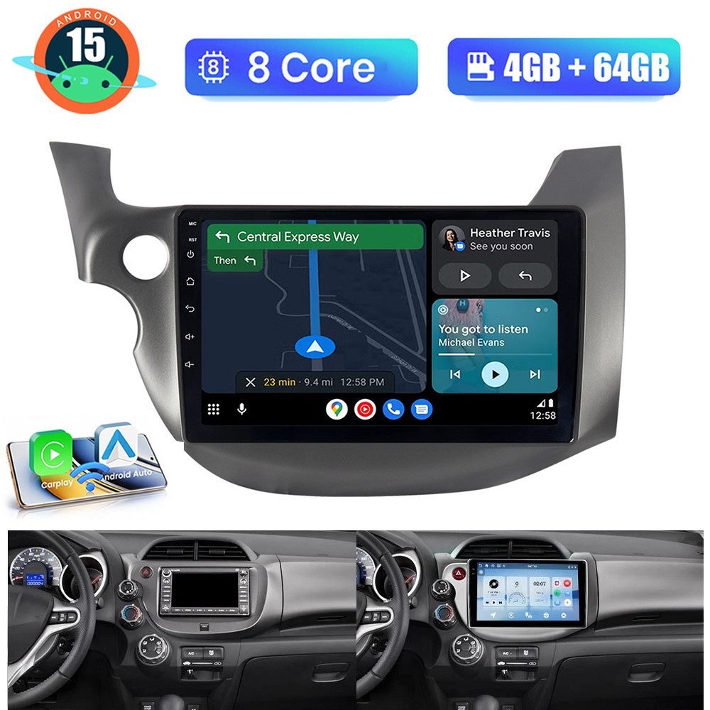 A-Sure Autoradio Android 15 Carplay GPS Navi Für Honda Fit Jazz 2009-2013 Autoradio (Digitalradio (DAB), 4 CORE, 8 CORE, FM, AM)