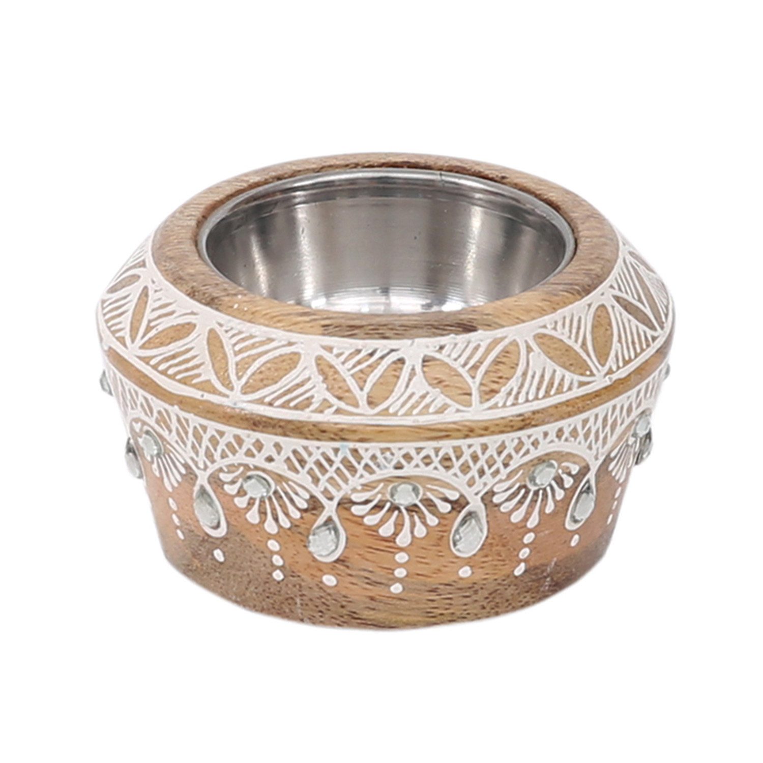 Marrakesch Orient & Mediterran Interior Tischkerzenhalter Boho Teelichthalter Anasuya modern aus Mangoholz in Braun-Weiß 9 cm (1 St), Handarbeit