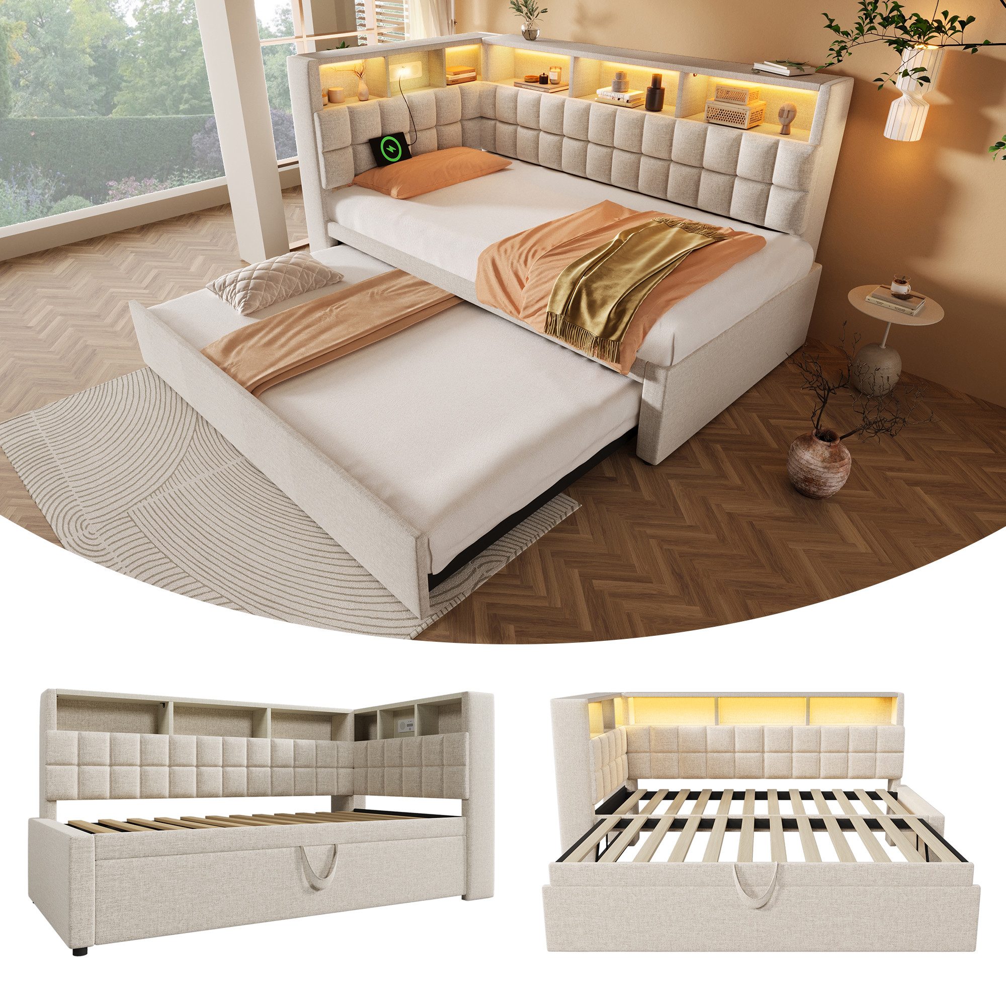 i@home Polsterbett Gästebetten 90×200 cm mit Ausziehbett (LED-Beleuchtung 16 Farben, USB & Type-C Ladefunktion, Bluetooth-Lautsprecher, 1-tlg., Schlafsofa, L-Kopfteil mit Stauraum), Kinderbett ohne Matratze Leinen
