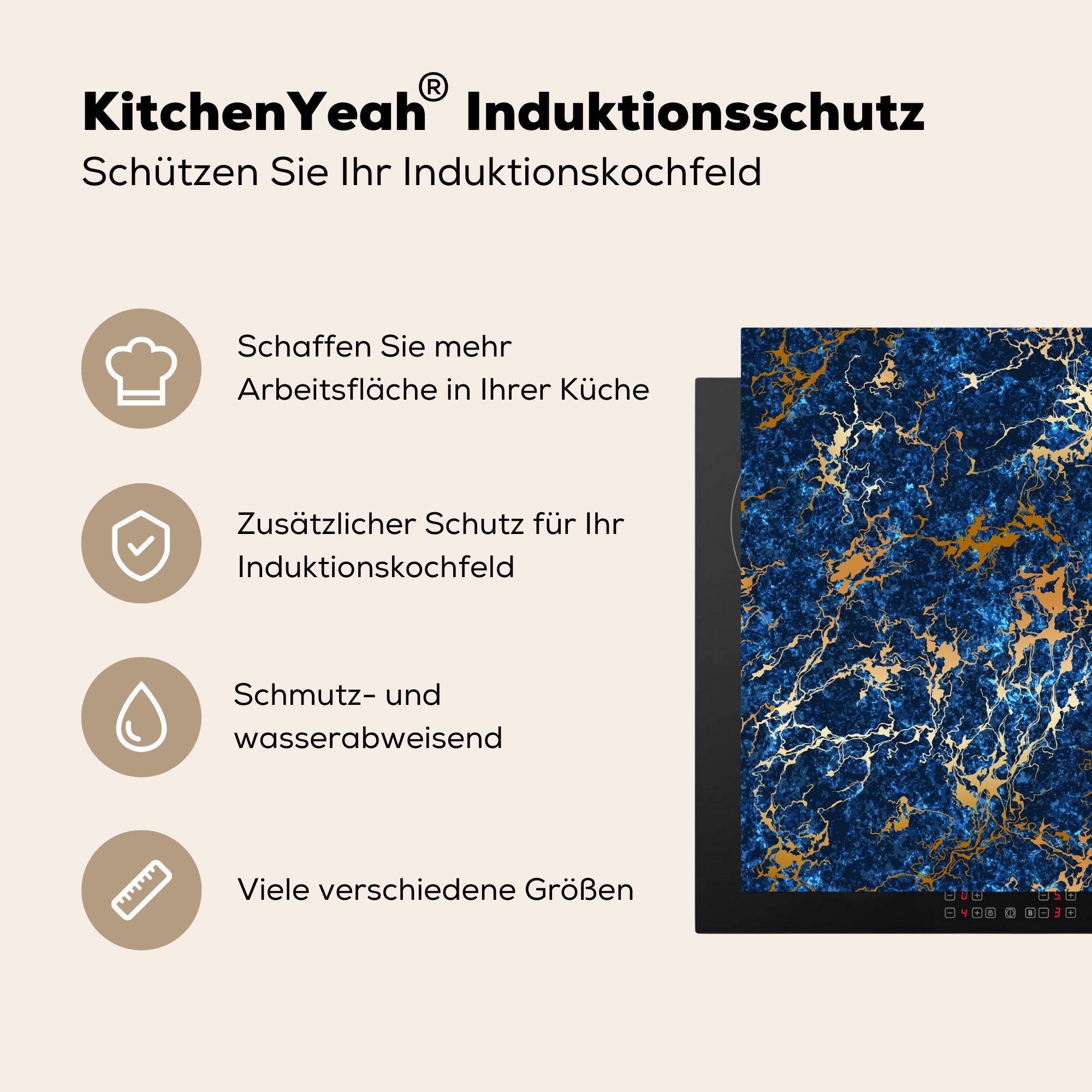 Textur cm, Arbeitsplatte - Ceranfeldabdeckung, - - Gold Marmor tlg), küche (1 78x78 MuchoWow Vinyl, Blau, Herdblende-/Abdeckplatte für