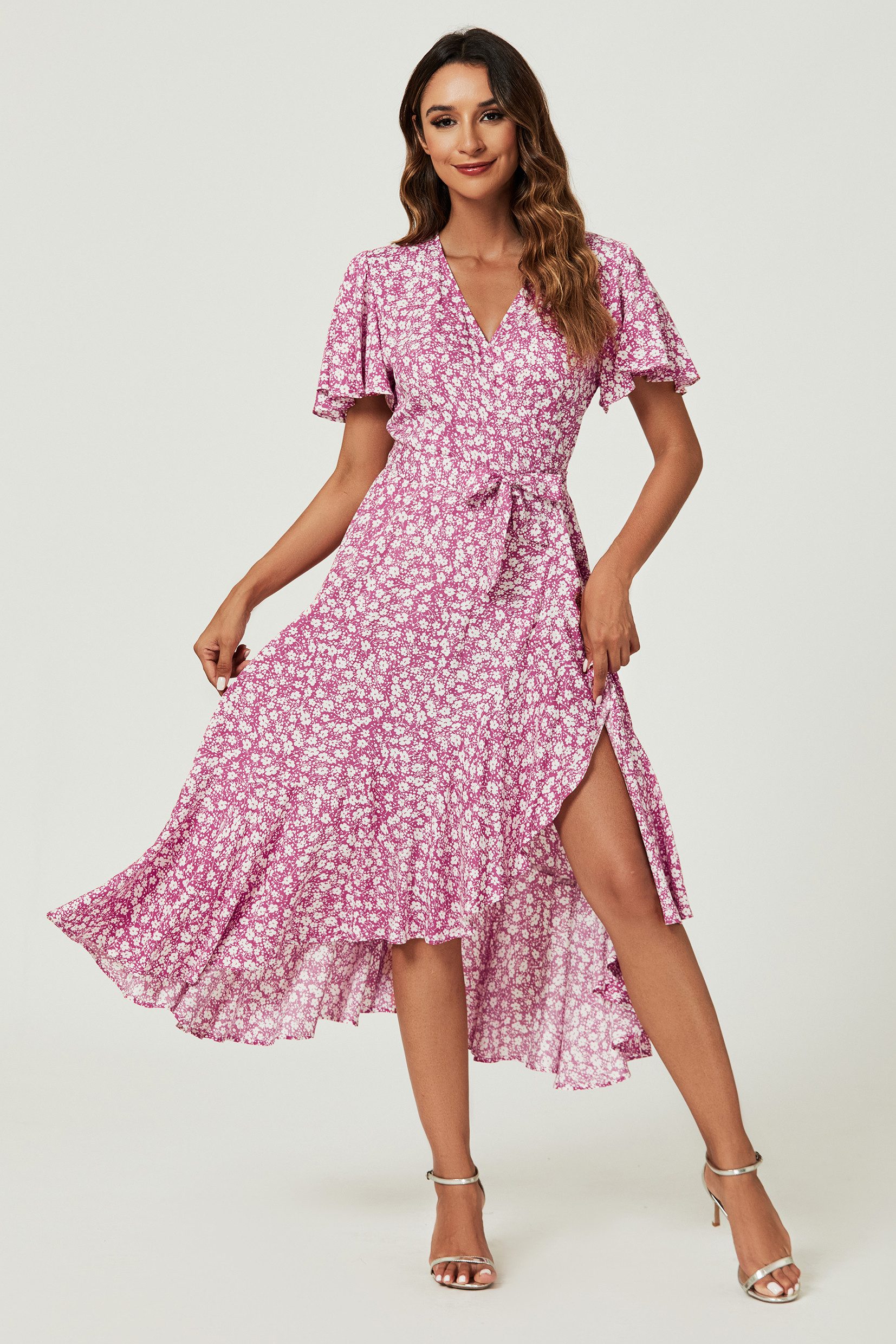 FS Collection Wickelkleid Damen Midi-Wickelkleid V-Ausschnitt mit Blumenmus günstig online kaufen