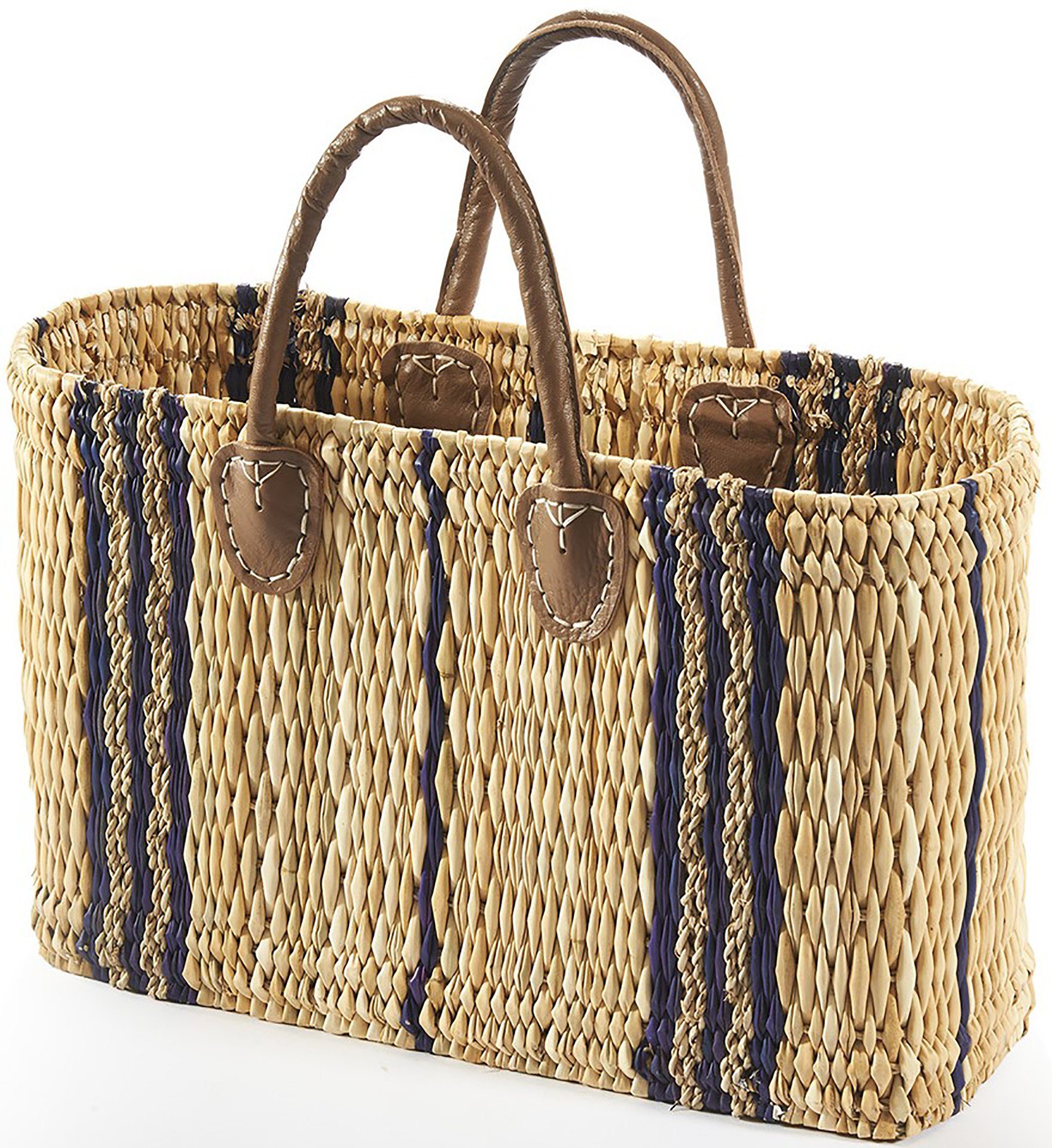 Shopper Tasche Seegrastasche Korbtasche - Lederhenkel - Muster blau