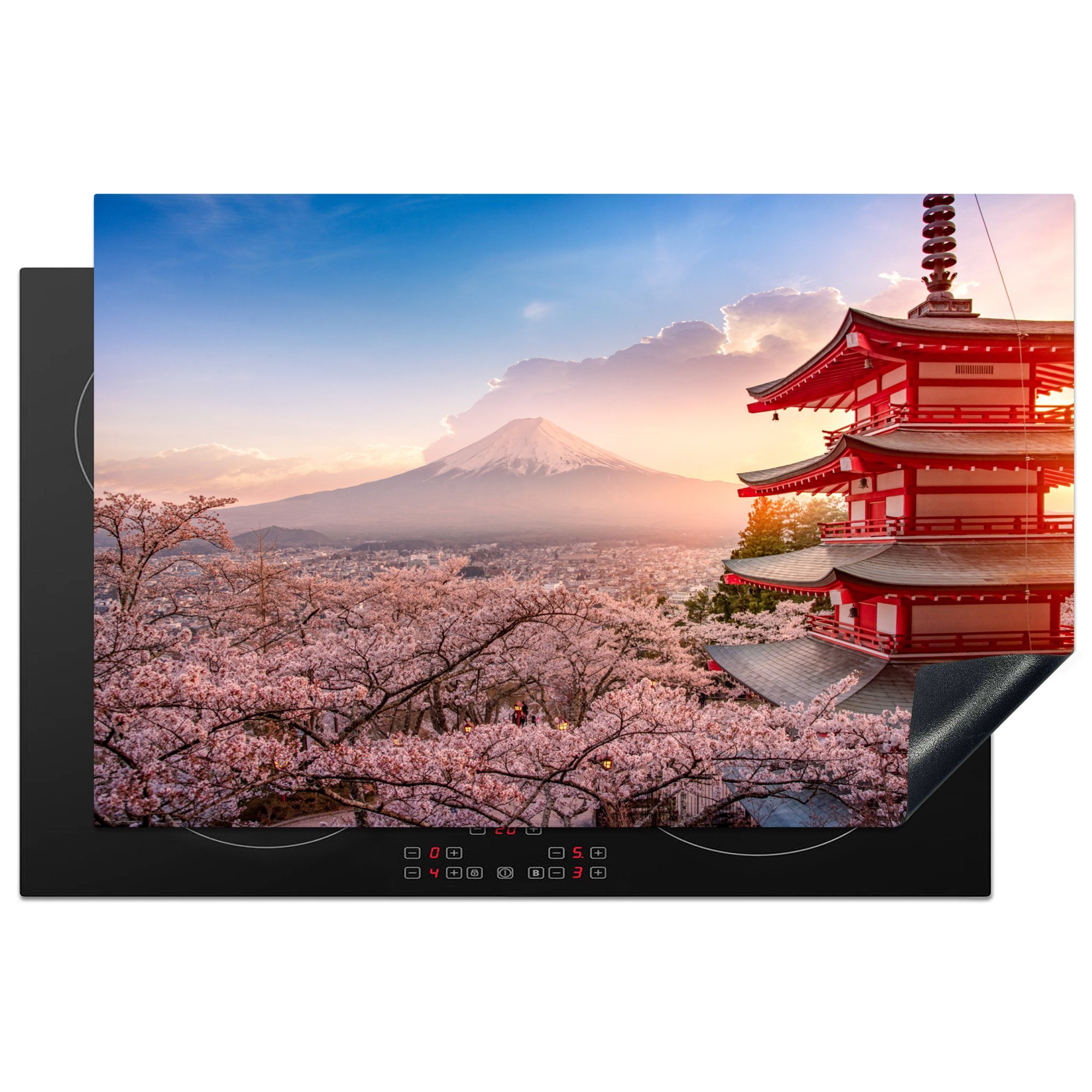 MuchoWow Herdblende-/Abdeckplatte Pagode - Sakura die - Vinyl, - - Fuji Ceranfeldabdeckung für küche, 81x52 tlg), (1 cm, Schutz Blütenzweige Japan, Induktionskochfeld