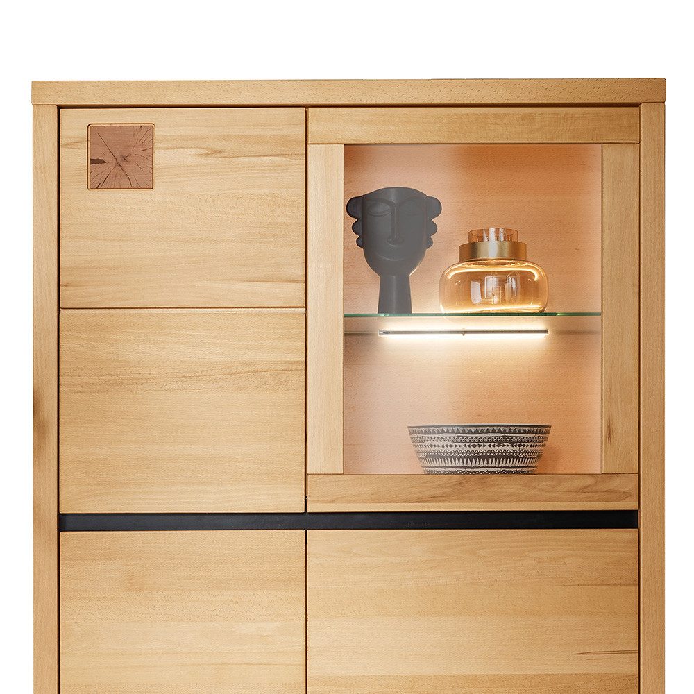 Lomadox Highboard WINCHESTER-69, Standvitrine Schrank 103 cm Buche massiv geölt Hirnholz-Detail