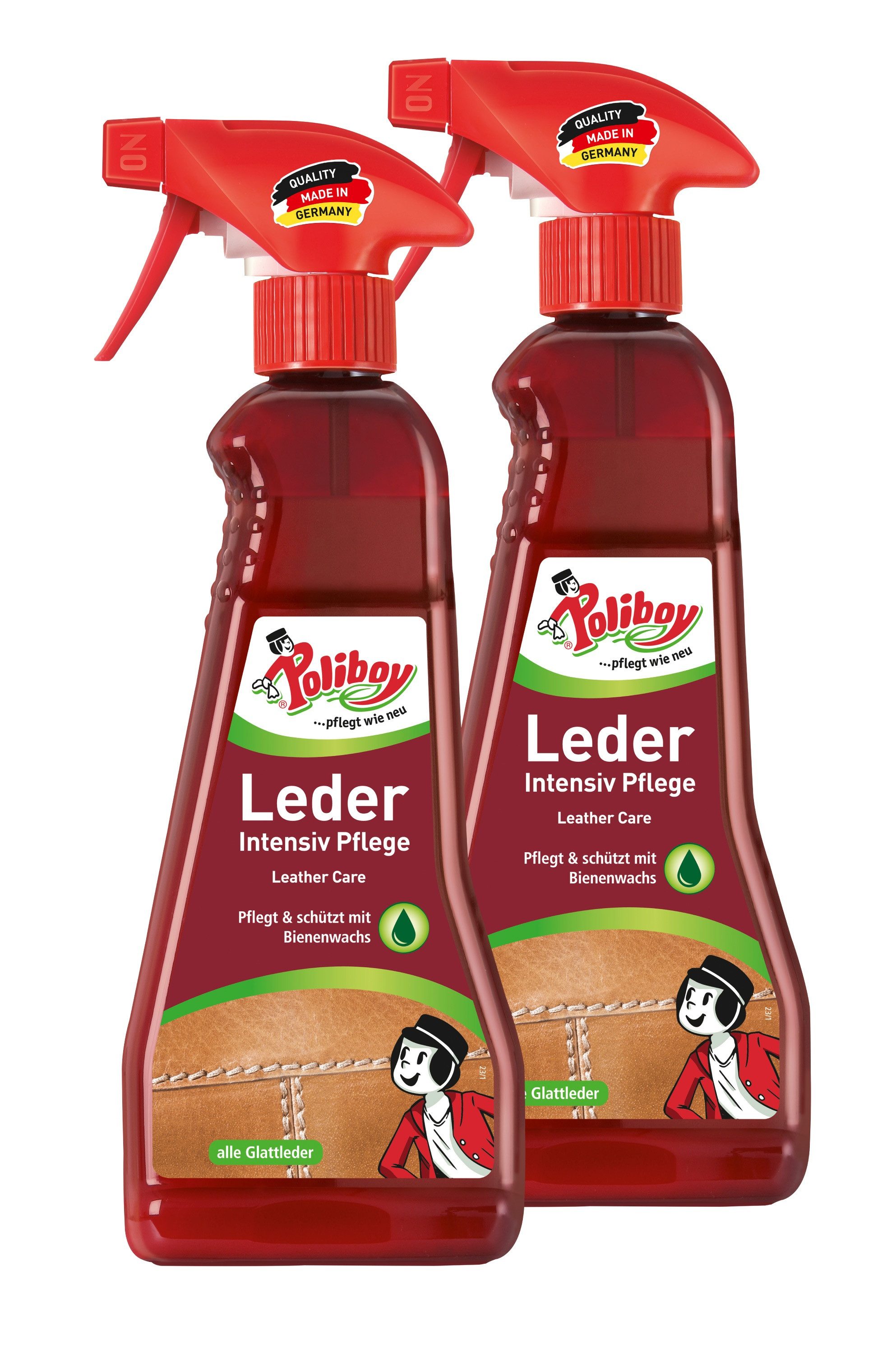 poliboy Leder Intensiv Pflege - 2x375ml - Lederreiniger (zur Pflege von glattem und genarbtem Leder - Made in Germany)