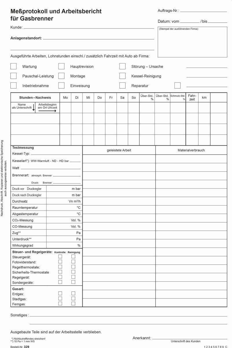 Formularblock Messprotokoll und Arbeitsbericht für Gasbrenner A4 Block 100 Blatt