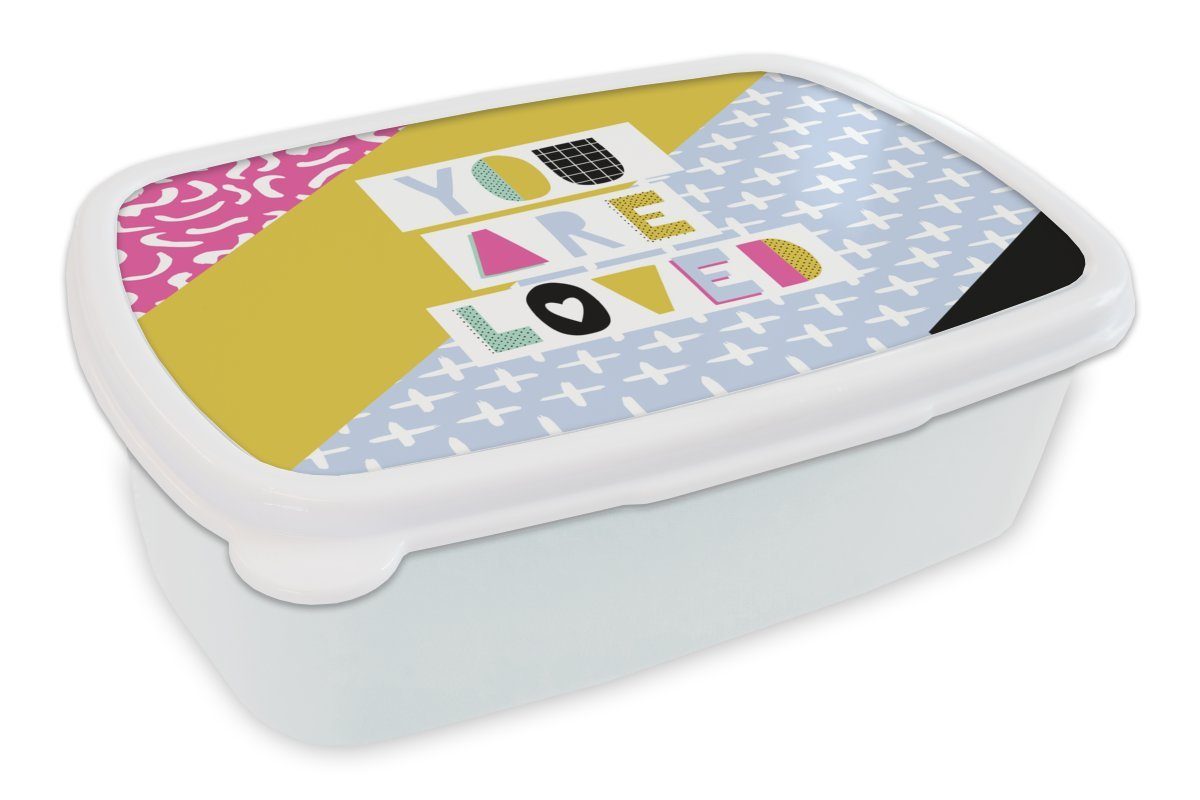 MuchoWow Lunchbox Zitat - Liebe - Muster, Kunststoff, (2-tlg), Brotbox für Kinder und Erwachsene, Brotdose, für Jungs und Mädchen weiß