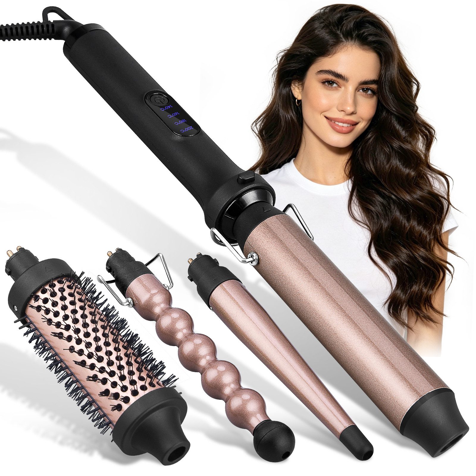 CkeyiN Lockenstab Set 4-in-1 Multihaarstyler mit Thermal Brush Keramik 32mm Lockenstab, Keramik-Beschichtung, 140-200℃ mit LED-Anzeige negativen Ionen Curling Iron Große Locken