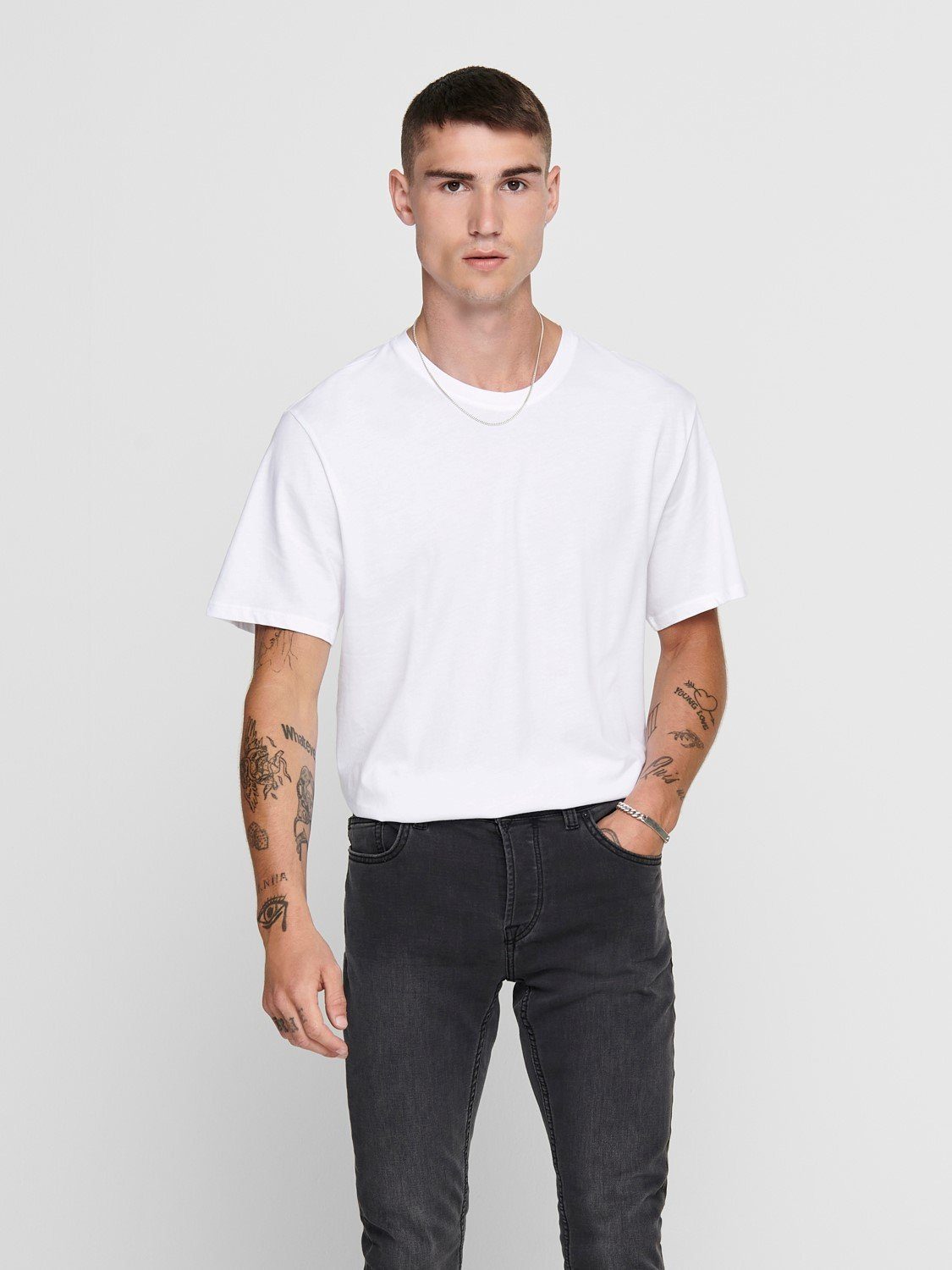 Basic ONLY (1-tlg) & T-Shirt Kurzarm T-Shirt Rundhals ONSMATT Weiß Langes Stretch 3971 Shirt in SONS