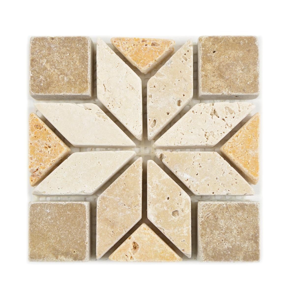 Mosafil Mosaikfliesen Naturstein Rosone Drexel Braun Beige Gold 10x10cm, Naturstein-Travertin 10.000x10.000, gold-beige-braun, Verlegefertig auf ein Netz geklebt - Frostsicher - Wasserfest -