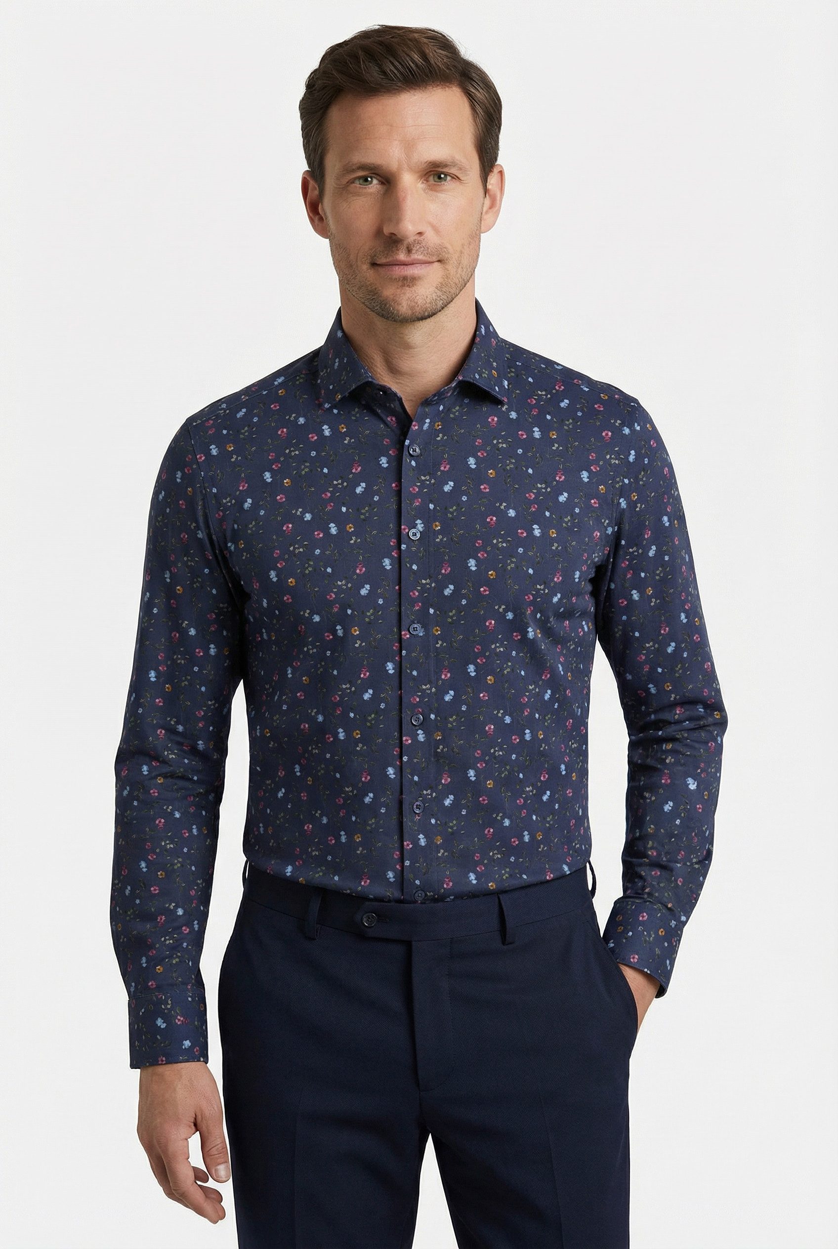 OLYMP Businesshemd 24/7 - Level 5 - Jersey Mit kreativem Flower-Print