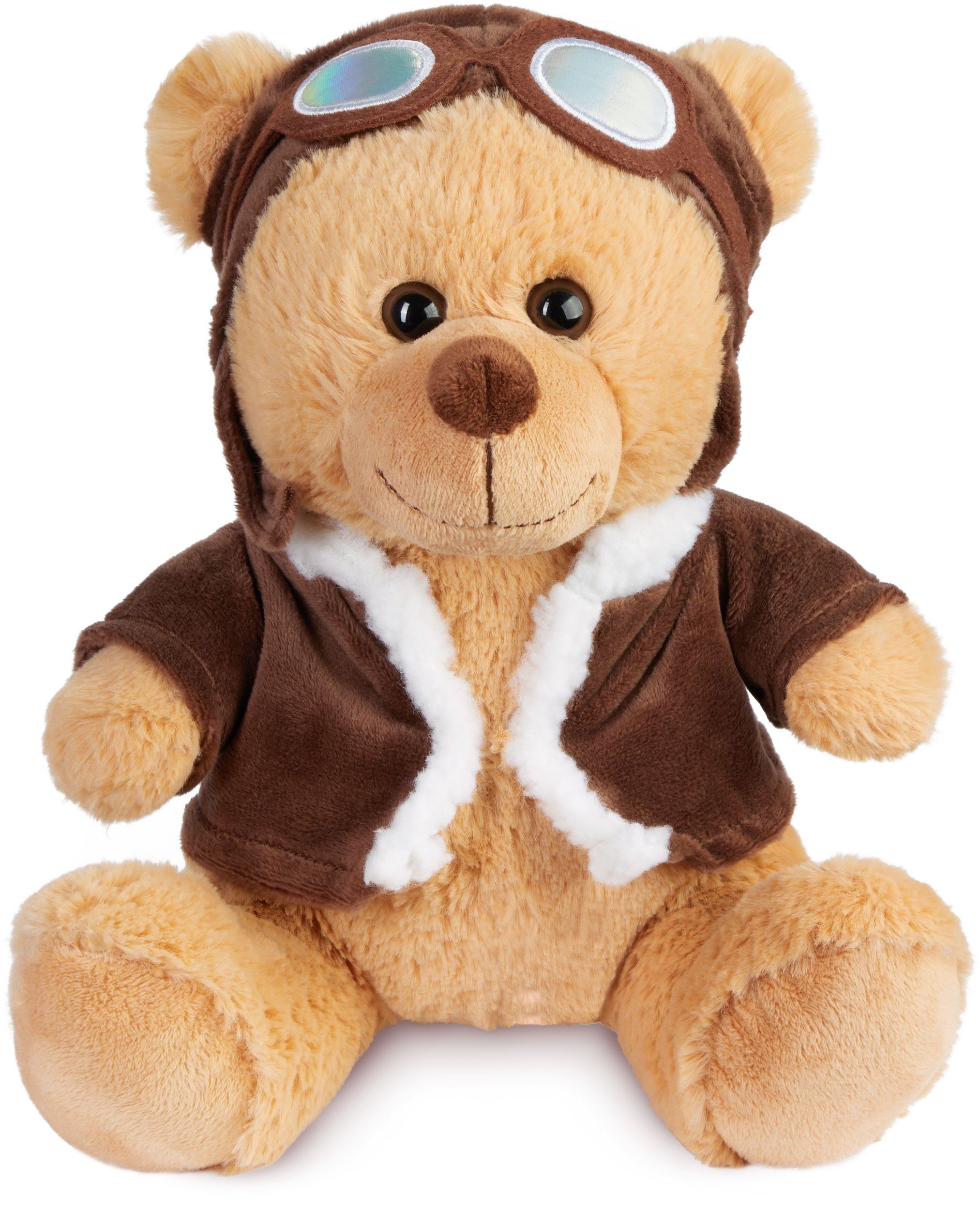BRUBAKER Kuscheltier Teddybär Pilot mit Fliegerbrille und Pilotenoutfit Braun - 25 cm Teddy (Bruchpilot, 1-St., Pilotbär Stofftier Plüschteddy), Plüschbär in Flieger Uniform - Glücksbringer