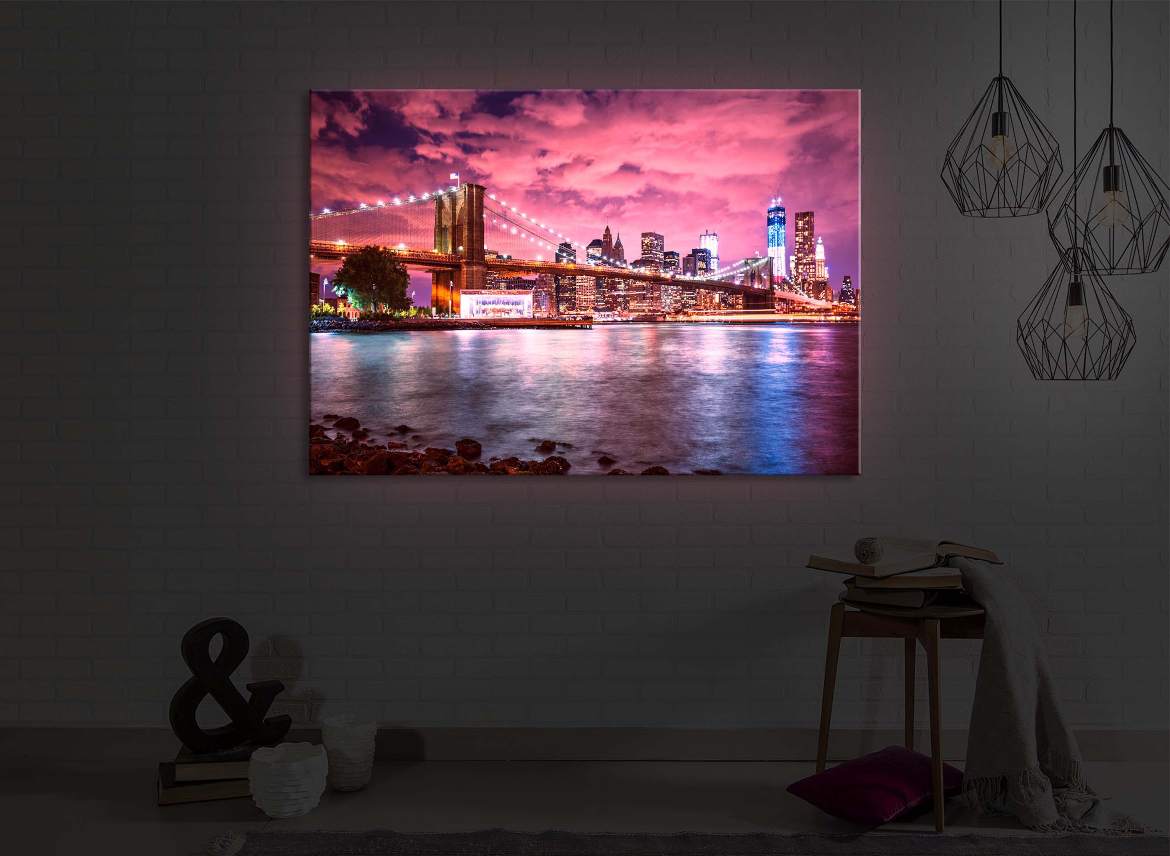 lightbox-multicolor LED-Bild New York Skyline mit Brooklyn Bridge front lighted / 60x40cm, Leuchtbild mit Fernbedienung