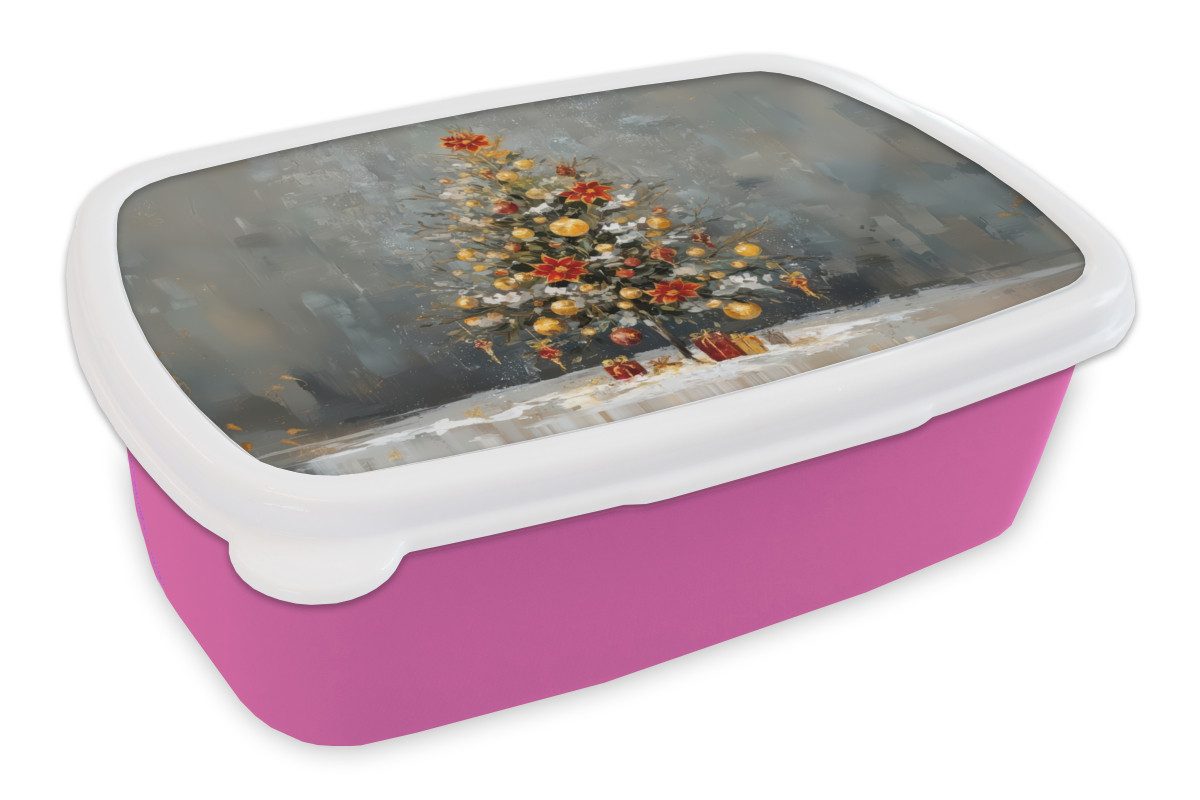 MuchoWow Lunchbox Weihnachtsbaum - Geschenke - Rot - Gold, Kunststoff, (2-tlg), Brotdosen, Lunch Box, Brotbox für Kinder und Erwachsene