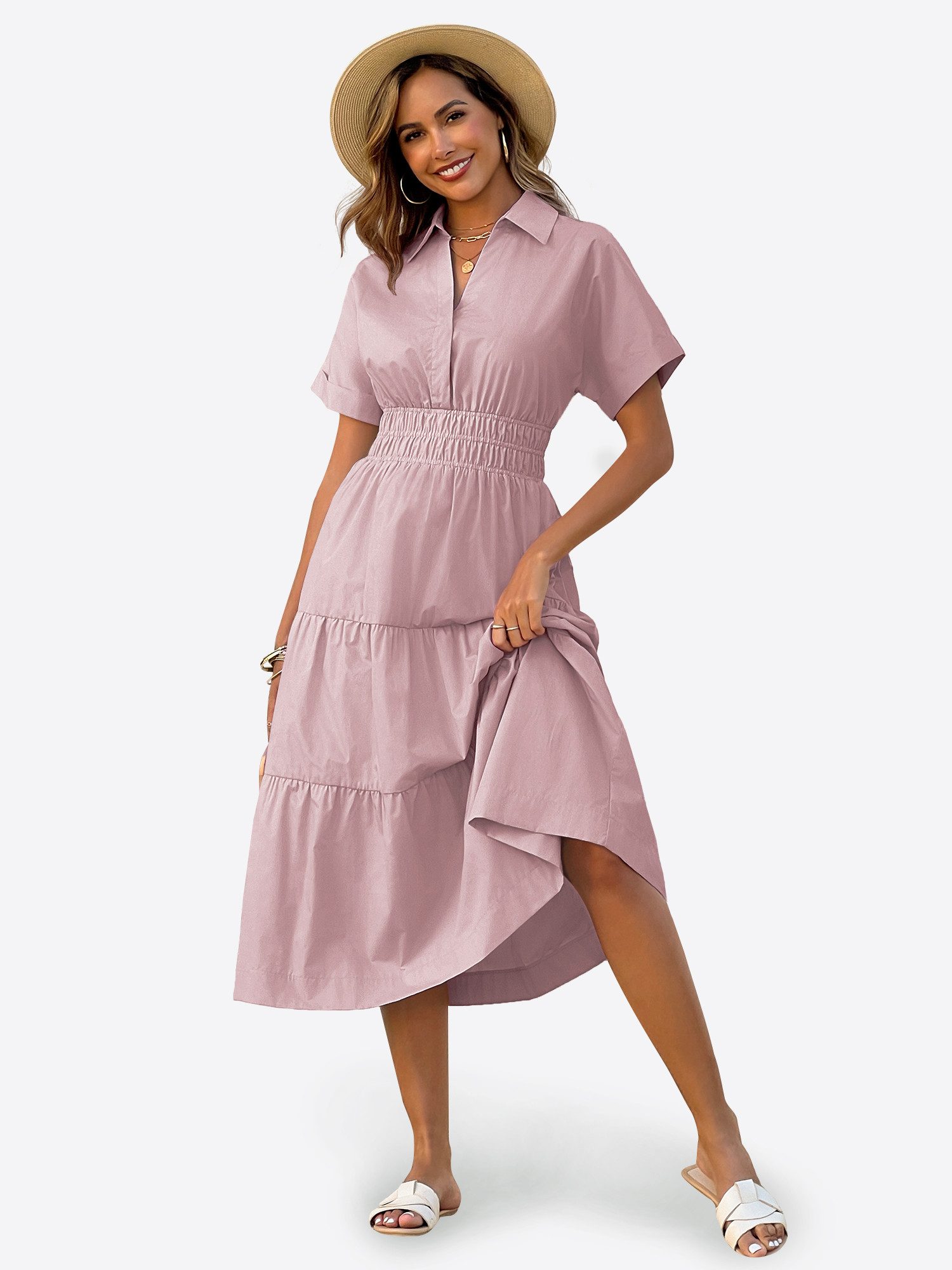 Imily Bela Maxikleid Damen Gerüschtes Fließendes Hemdkleid (Packung, 1-tlg., 1per-Pack) mit Taschen