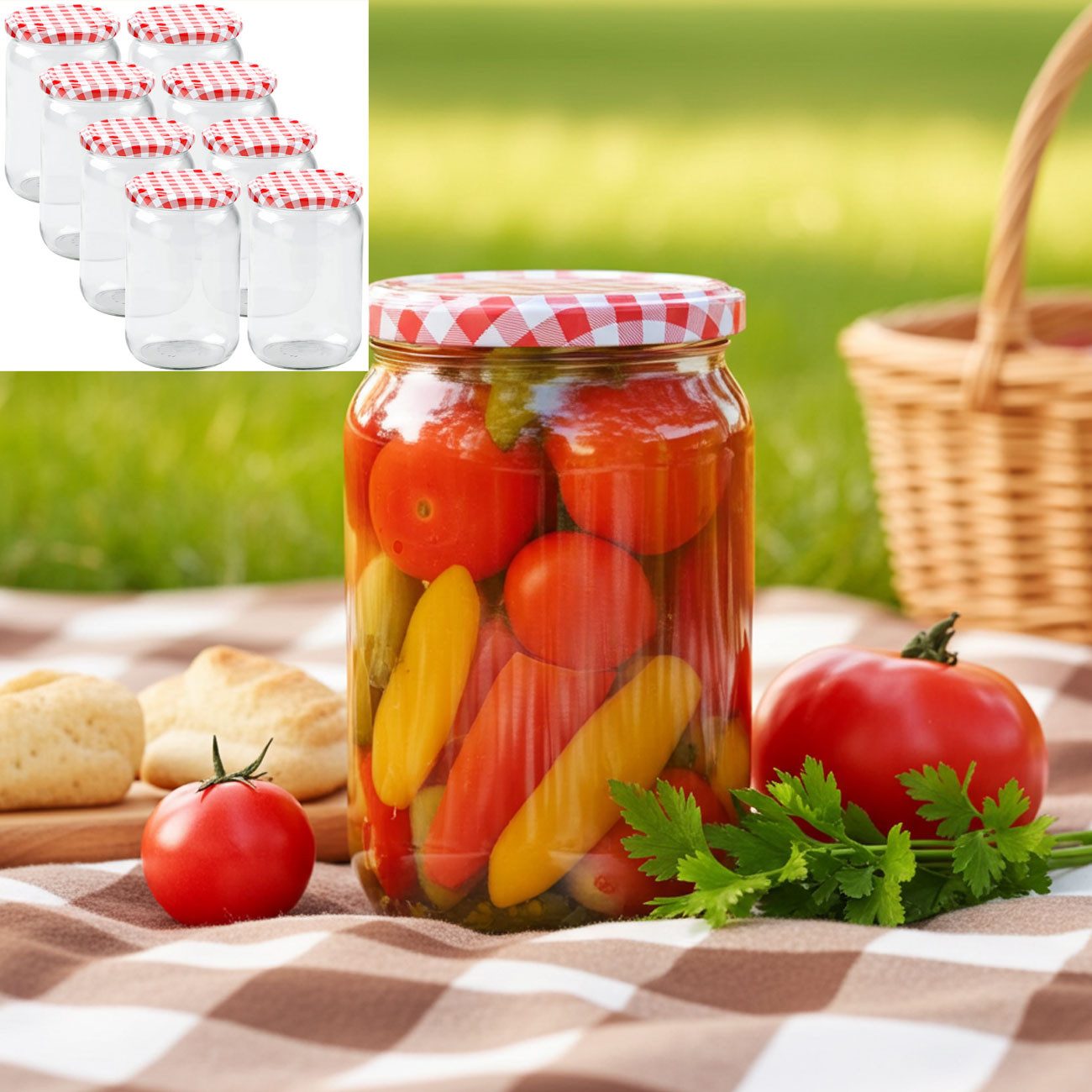 Casativo Einmachglas Einmachgläser 720ml – Sturzgläser mit Karo-Deckel für Marmelade, (8-tlg), Ideal zum Einwecken, Konservieren und Aufbewahren