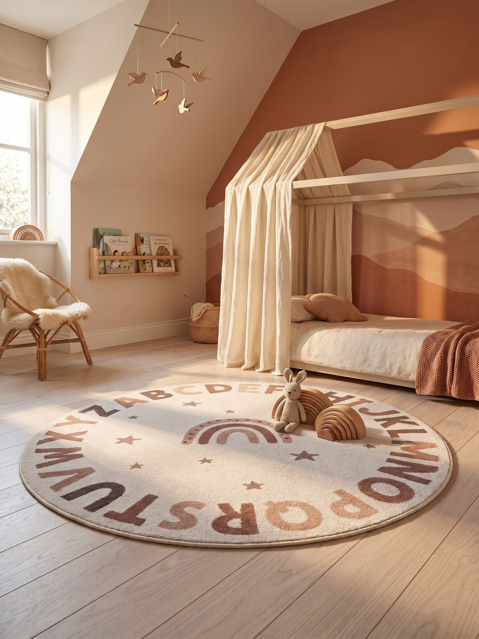 KADIMA DESIGN Kinderteppich TINO Kinderteppich Waschbar Kinderzimmer Schadstoffgeprüft, Rund, Höhe: 10 mm, Creme, 120x120 cm, Kinderteppich Waschbar Spielteppich