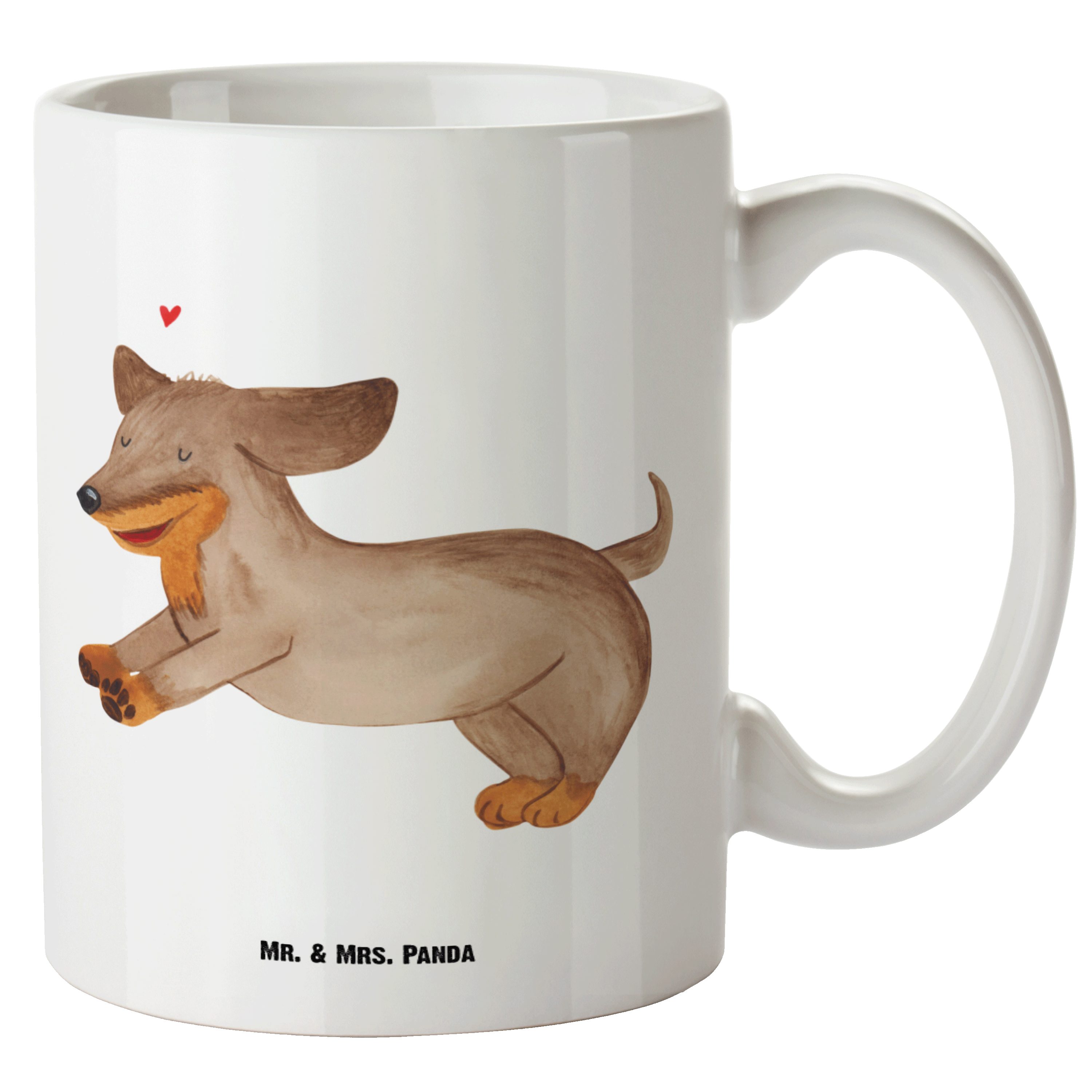 Mr. & Mrs. Panda Tasse Hund Dackel fröhlich - Weiß - Geschenk, happy dog, Hundeliebe, Dachsh, XL Tasse Keramik