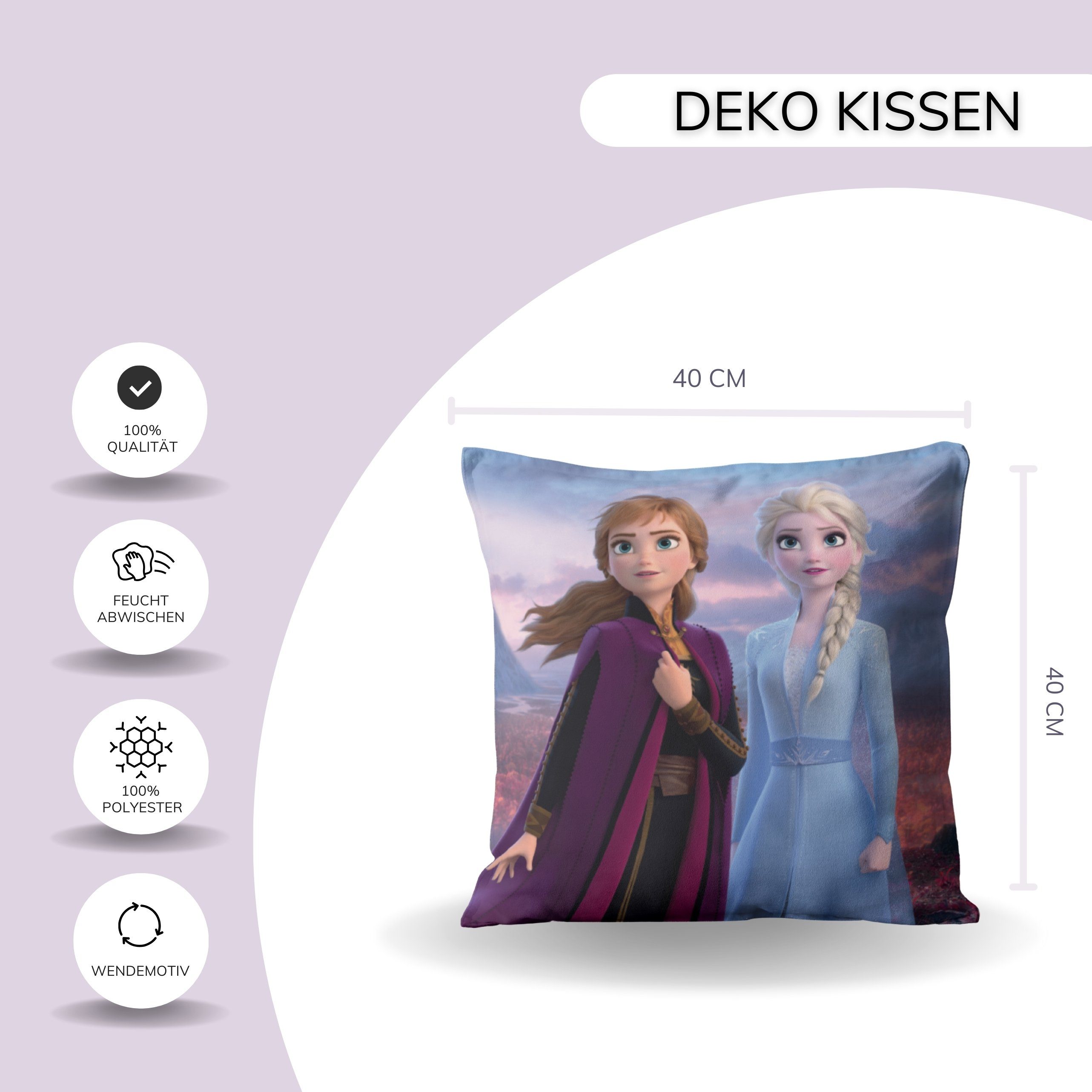 MTOnlinehandel Dekokissen Frozen Eiskönigin Kissen Anna & Elsa 40x40cm, ideal für Kinderbetten, Sofas oder Leseecken, passend zur Bettwäsche