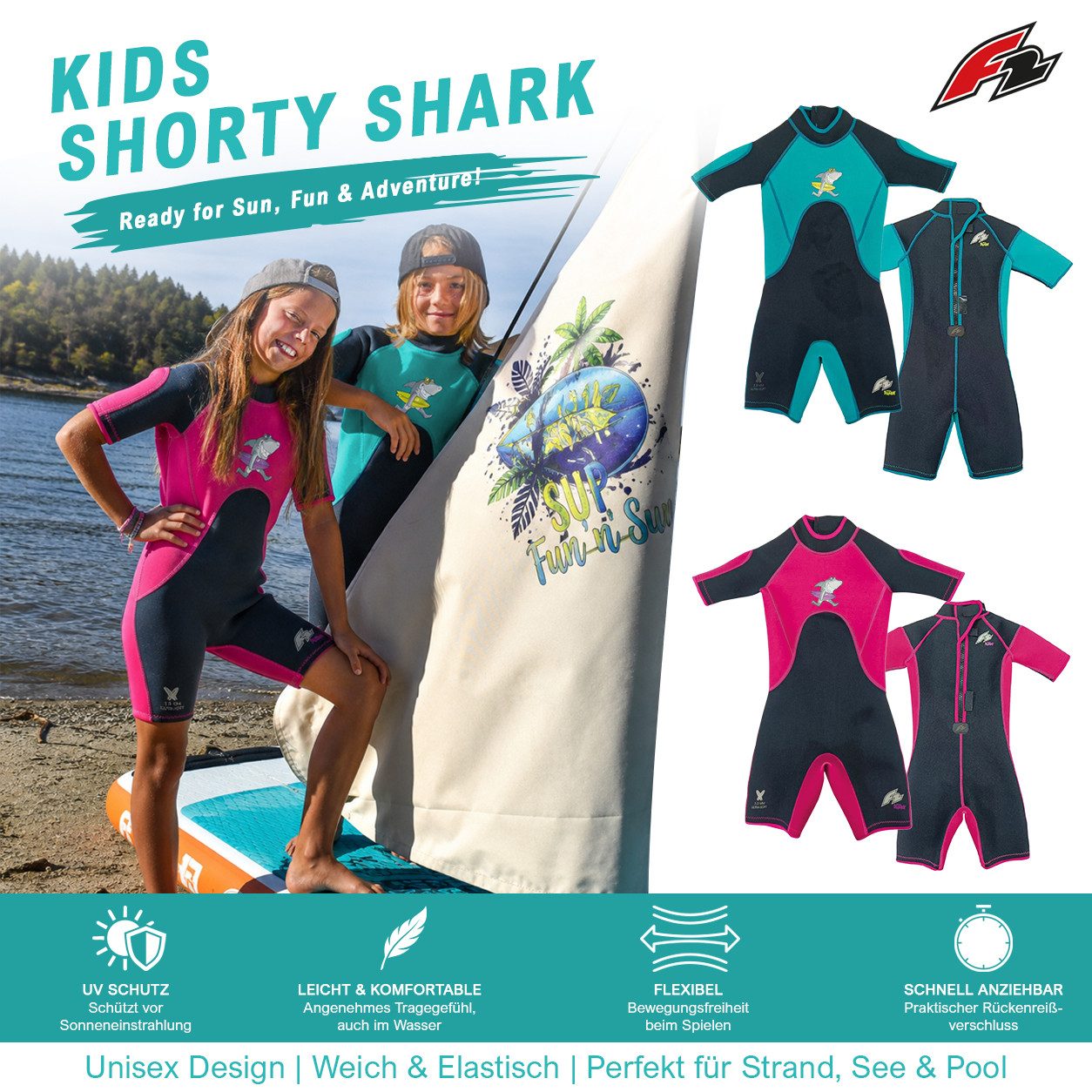 F2 Neoprenanzug F2 Junior Neopren Anzug Shark Shorty Kurz 6 yrs Türkis