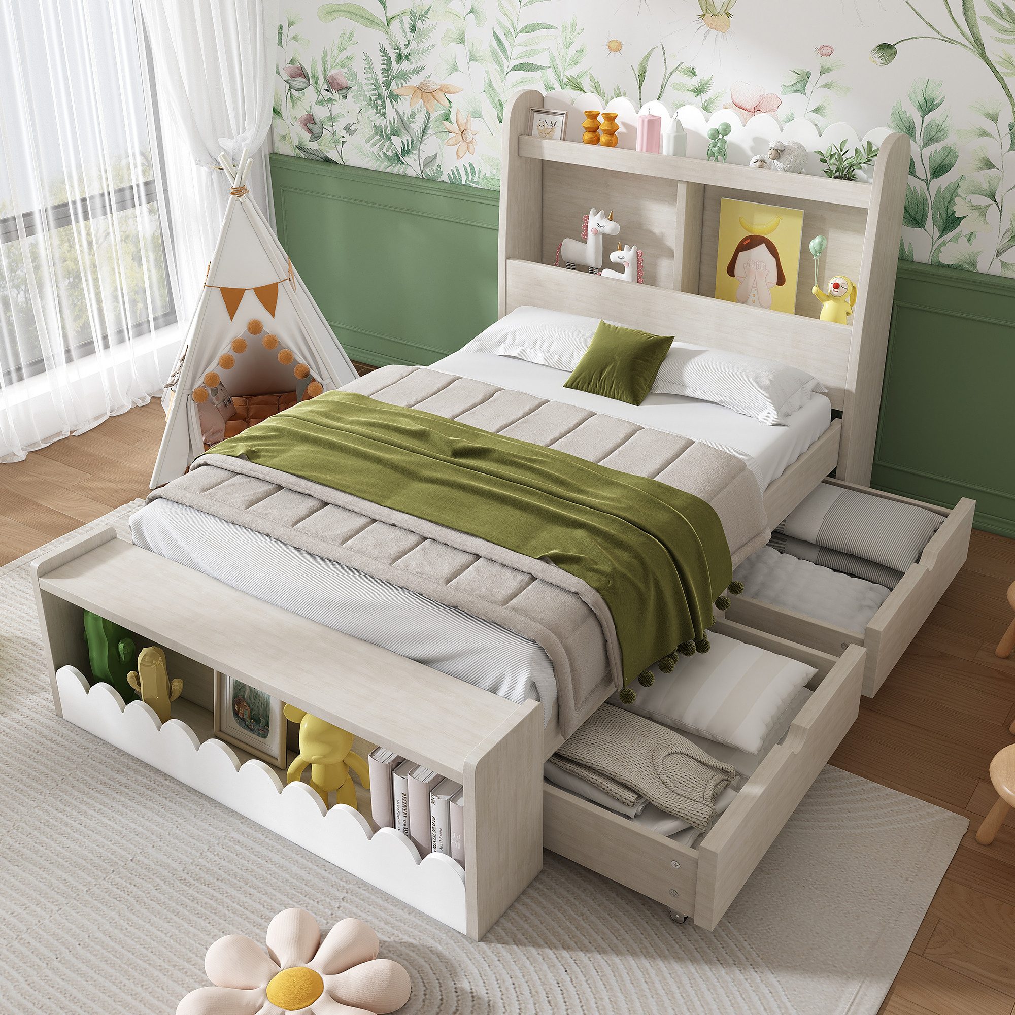 Flieks Kinderbett, Massivholz Einzelbett Stauraumbett 90x200cm mit 2 Schubl günstig online kaufen