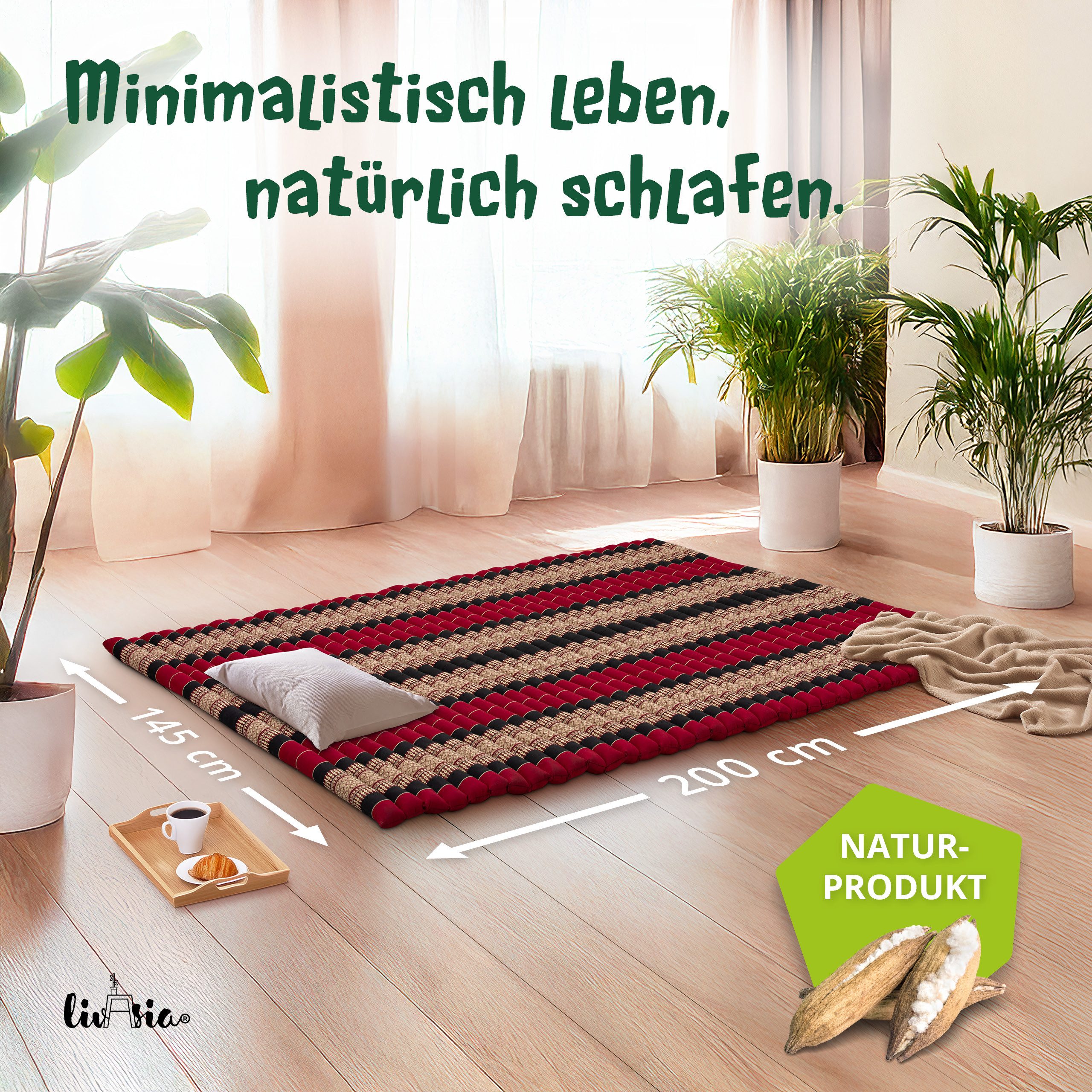 Reisebett-Matratzen Rollmatte 145 cm breit, vegan und handgefertigt, 205x145x4,5cm, livasia, 4.5 cm hoch, Kapok