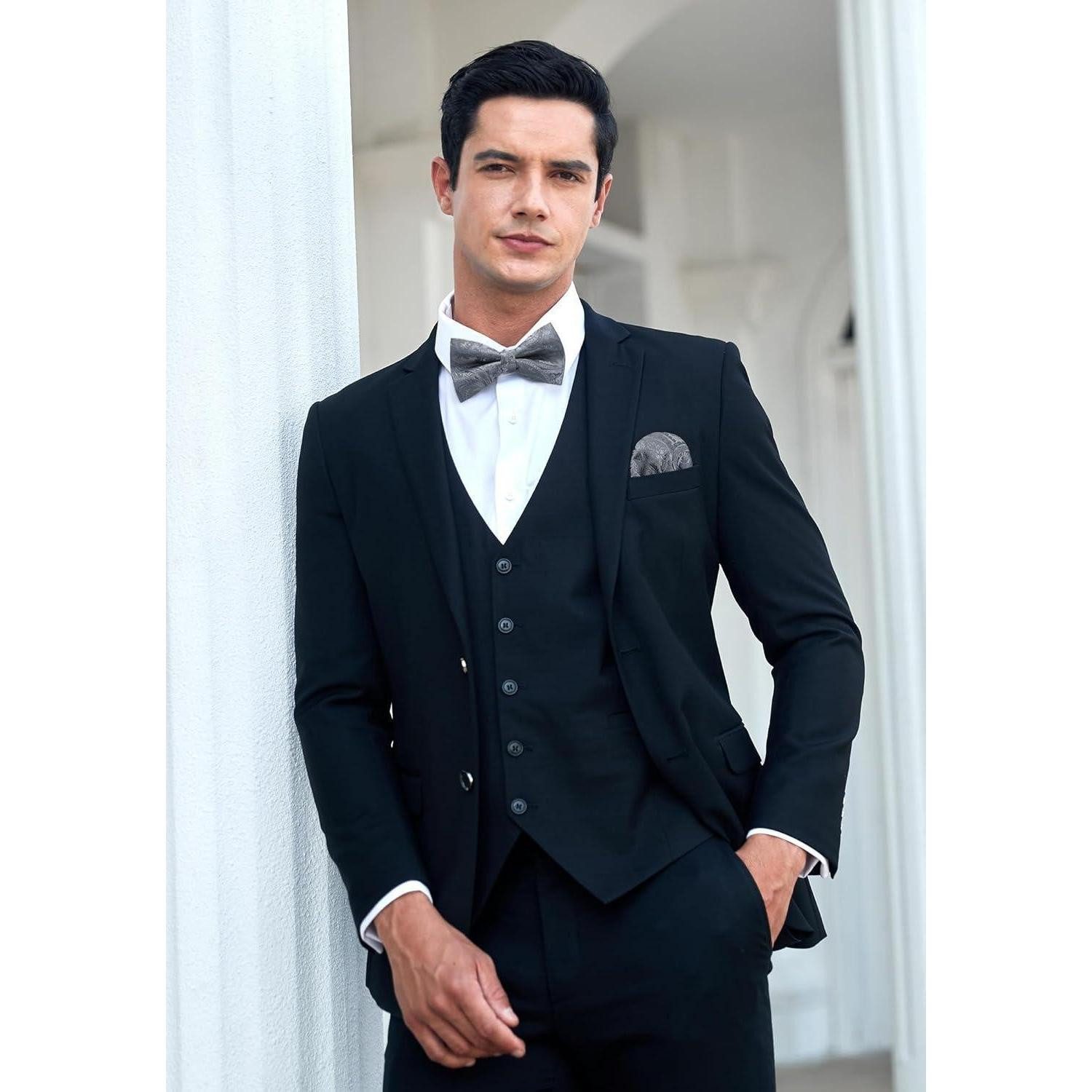 LuxusKollektion Fliege Fliege Einstecktuch Herren Smoking Hochzeit Party L Silber 3