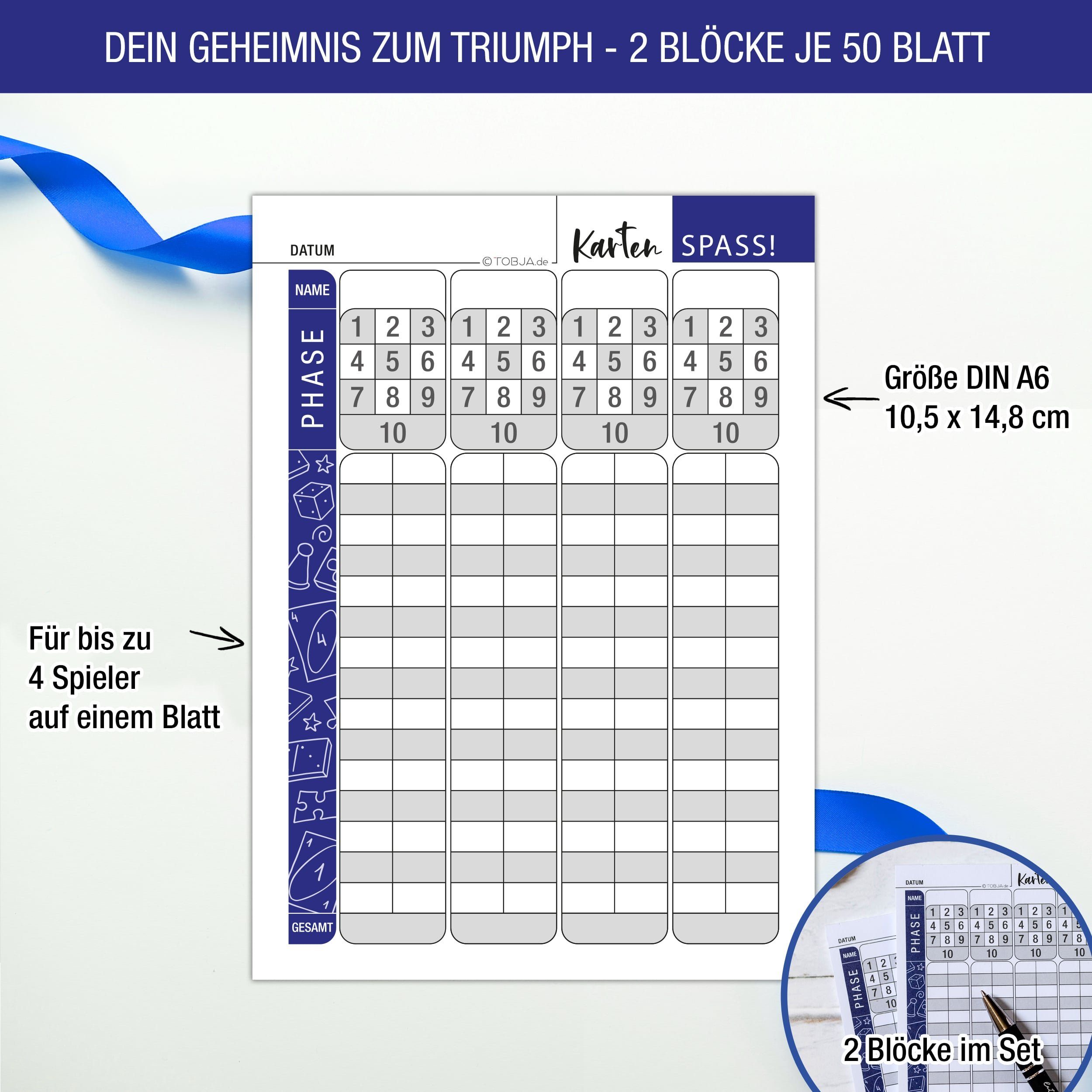 TOBJA Spiel 2x Ersatzblock extra Große Schrift Phase X DIN A6, Kartenspiel, Wertungsblock, kompatibel mit Phase 10 in A6