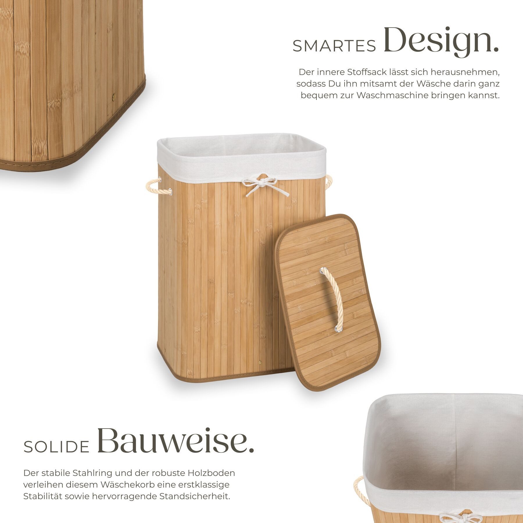 tectake Wäschekorb Wäschebehälter aus Bambus, mit Deckel, 42 x 31,5 x 60 cm (Wäschesammler, in beige), herausnehmbarer Wäschesack, 2 Tragegriffe, 72 l