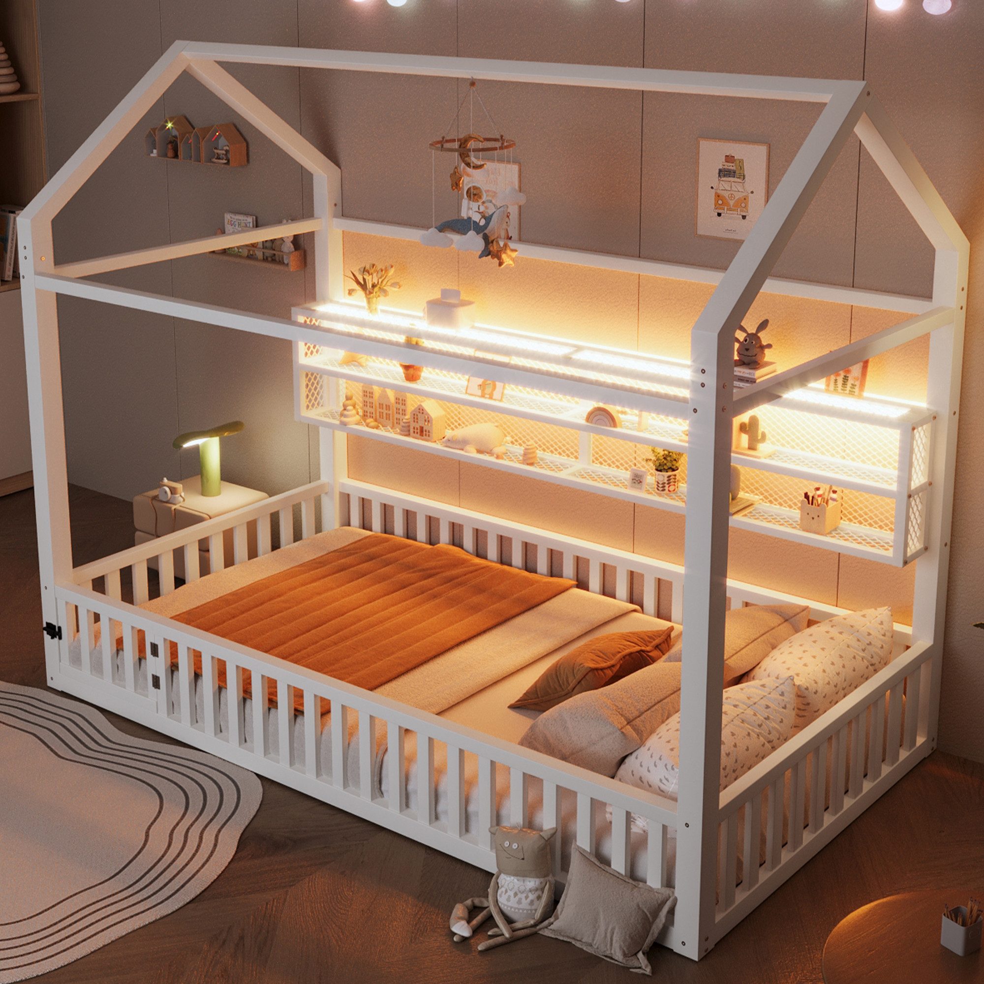 Merax Kinderbett mit LED-Beleuchtung, Plattformbett im Haus-Design (Jugendbett Einzelbett Babybett, 1-tlg., Metallbett), Bodenbett Hausbett 90x200cm mit Ablagefächern, Sicherheitszaun & Tür