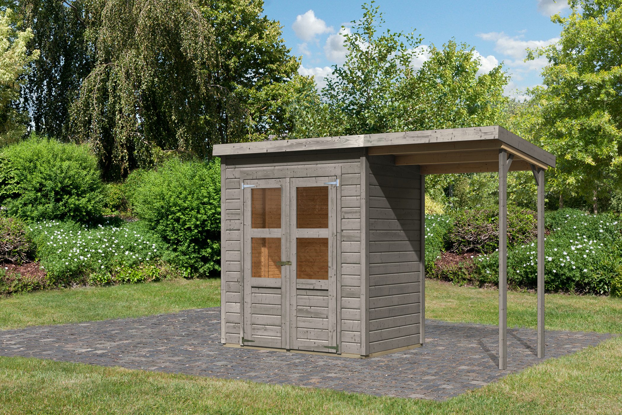 Karibu Gartenhaus »Merseburg 2« vorvergraut mit Anbaudach, BxT: 182x126 cm, (Set), aus Fichtenholz, farbig lasiert