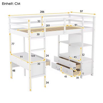 Flieks Hochbett Kiefer Kinderbett mit Schreibtisch & Stauraumregal 90x200cm