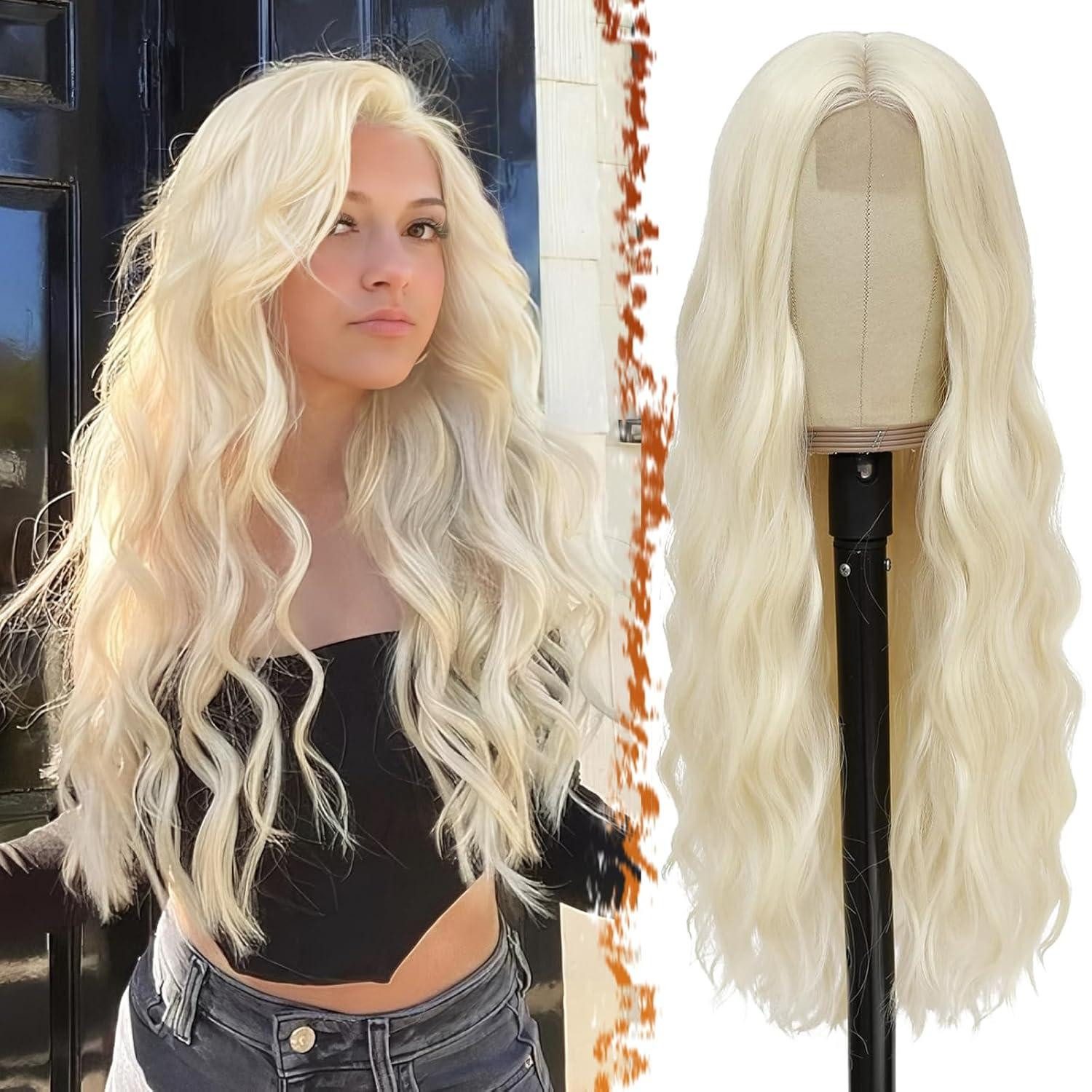 Kunsthaarperücke Lange Wellig Platin Blond Perücke 66cm Hitzebeständige Haar