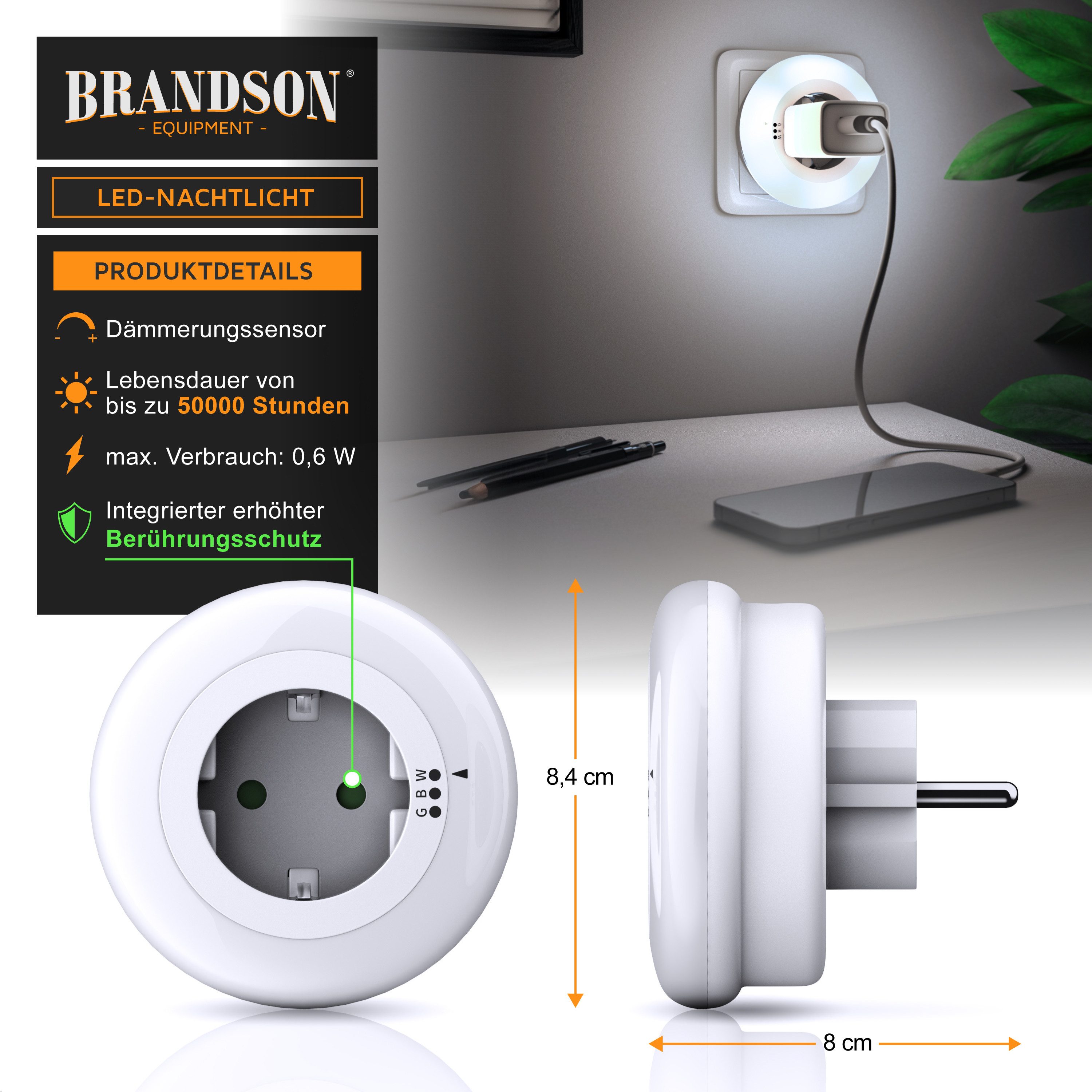 Brandson LED Nachtlicht Nachtlampe mit Zwischenstecker & auswählbaren Farben - Weiß/Grün/Blau, Integrierter Helligkeitssensor und Dämmerungssensor, 230 V AC, 50 Hz