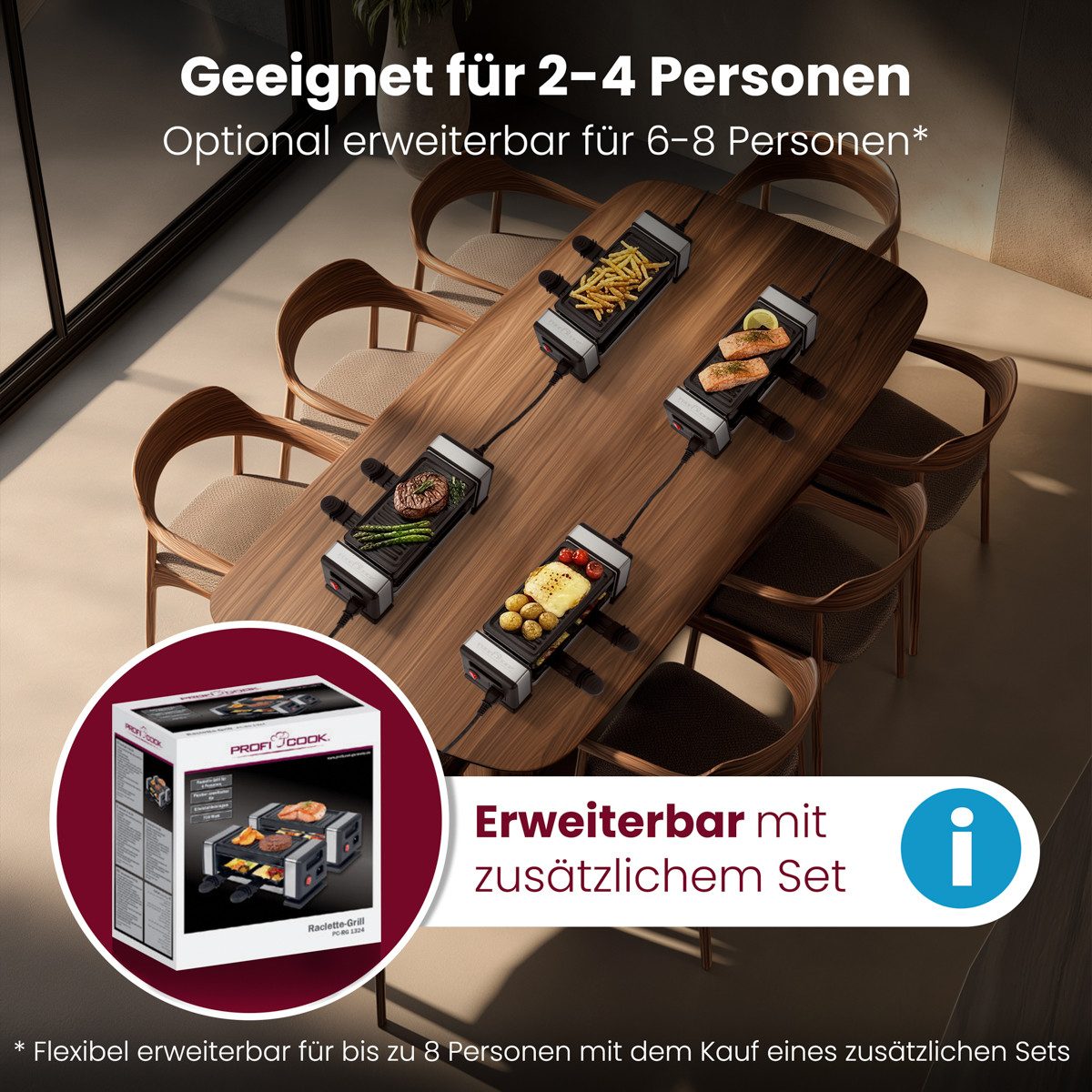 ProfiCook Raclette PC-RG 1324, Raclette 2 Personen, erweiterbar bis zu 8 Pers.