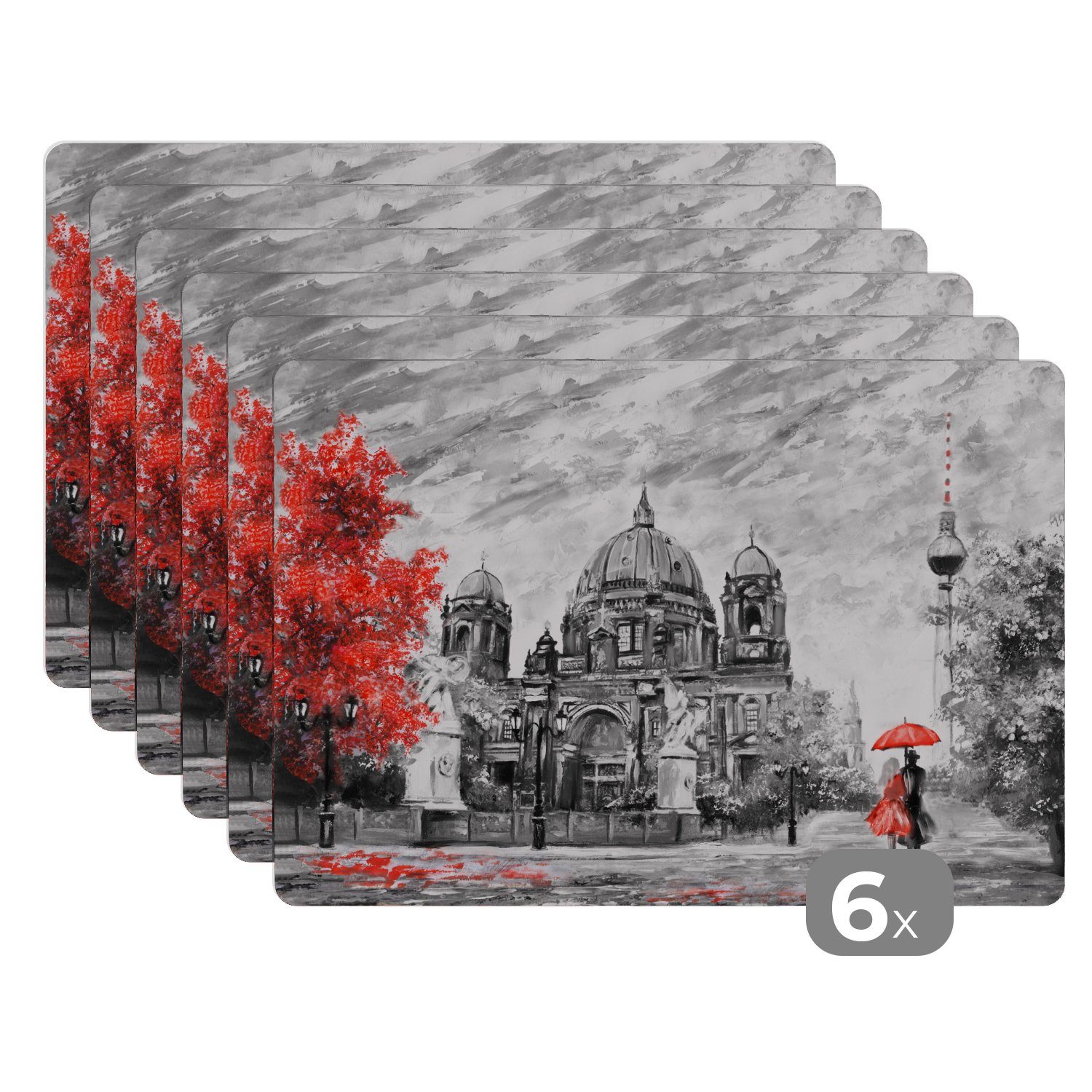 Platzset, Malerei - Architektur - Baum - Rot, MuchoWow, (6-St), Platzset, Platzdecken, Platzmatte, Tischmatten, Schmutzabweisend