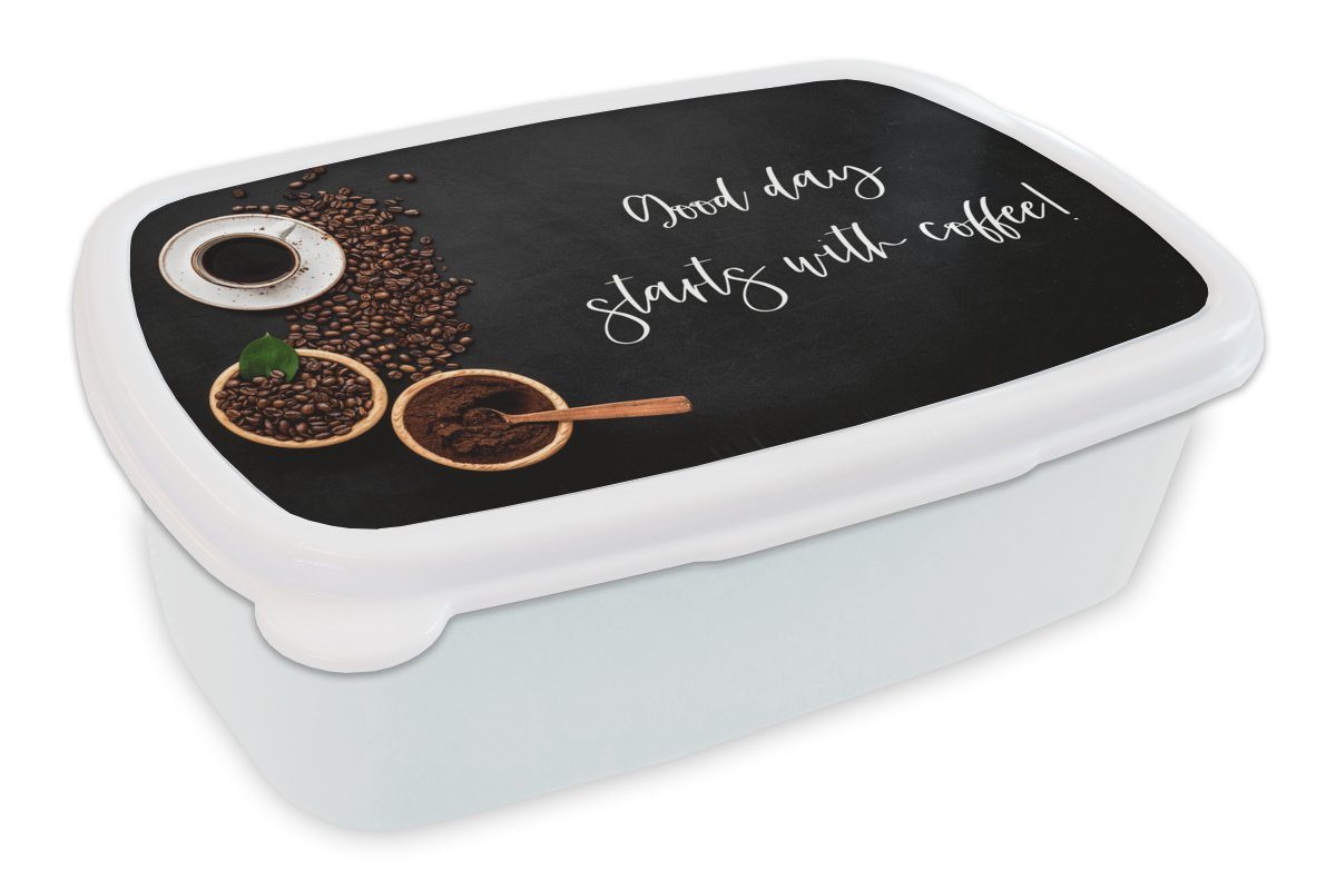 MuchoWow Lunchbox Zitate - Ein guter Tag beginnt mit Kaffee! - Sprichwörter - Kaffee, Kunststoff, (2-tlg), Brotbox für Kinder und Erwachsene, Brotdose, für Jungs und Mädchen weiß