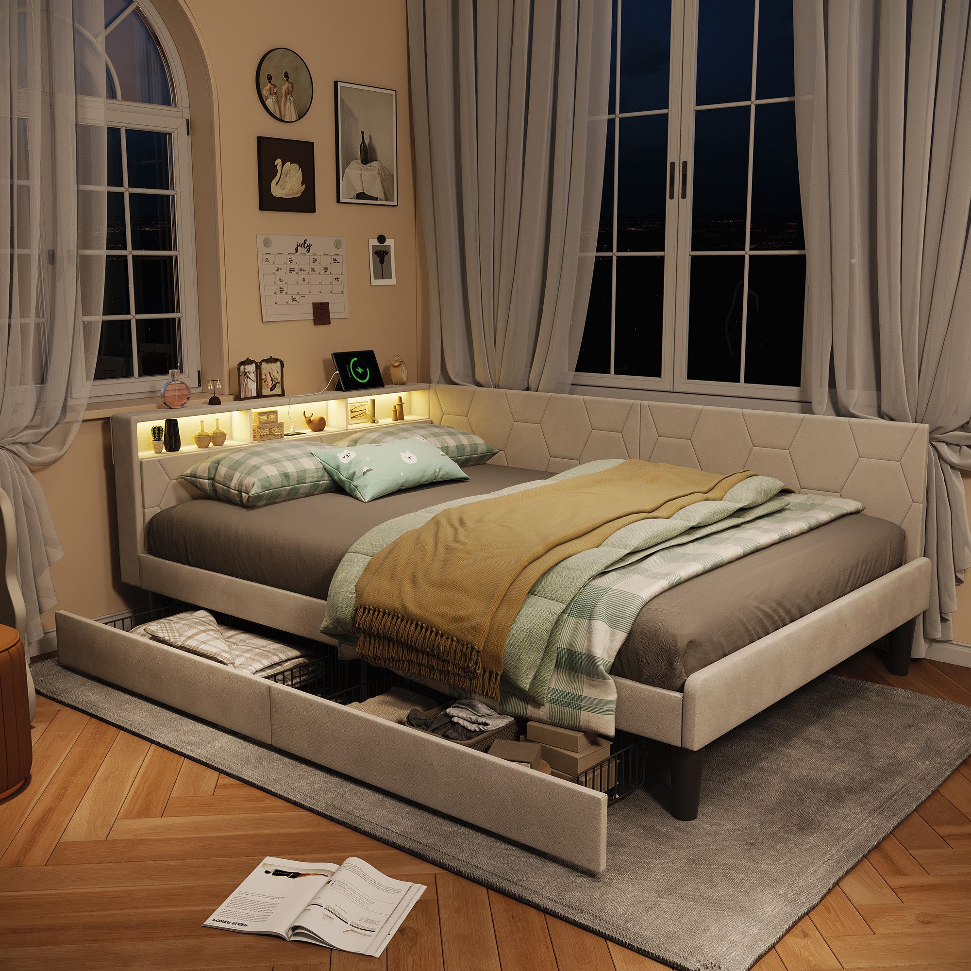 Gdood Polsterbett Daybett Tagesbett Ausziehbett LED 90 x 200 cm Samtstoff ( günstig online kaufen
