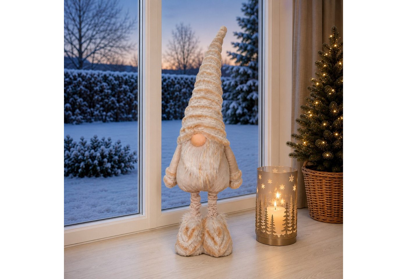 Online-Fuchs Dekofigur Weihnachtswichtel XL mit Teleskopbeinen, Deko für Winter & Weihnachten (mit langer Zipfelmütze & flauschigem Bart, in harmonischen Creme Tönen), mit Teleskopbeinen zwischen 83 und 128 cm groß - W6
